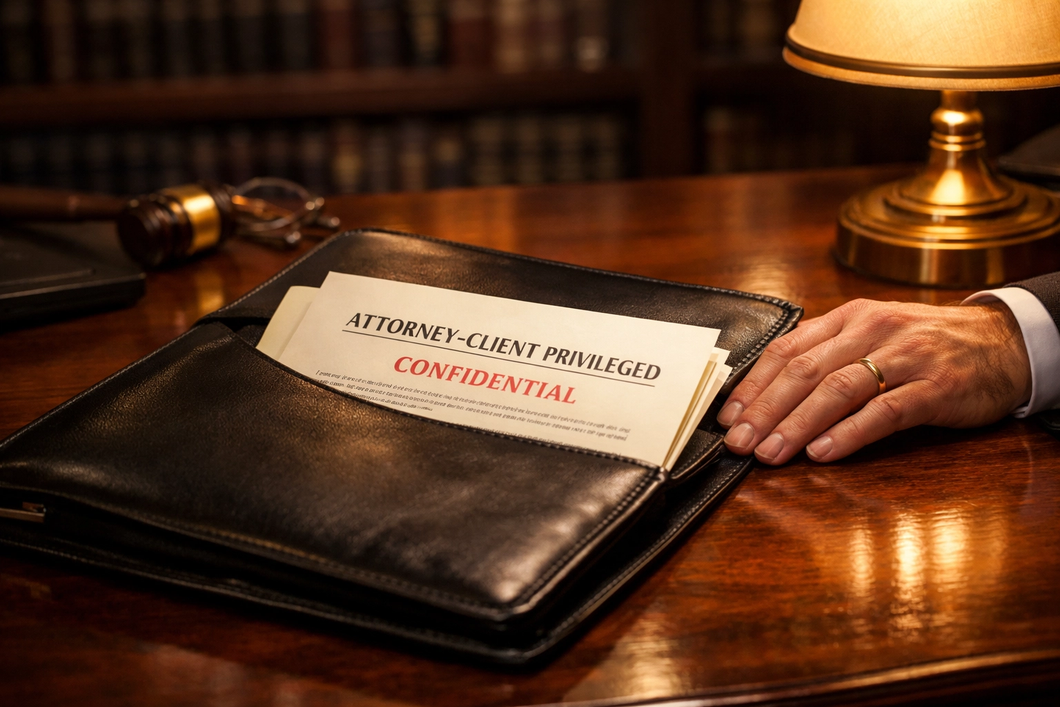 Confidential legal documents portfolio on desk representing attorney-client privilege