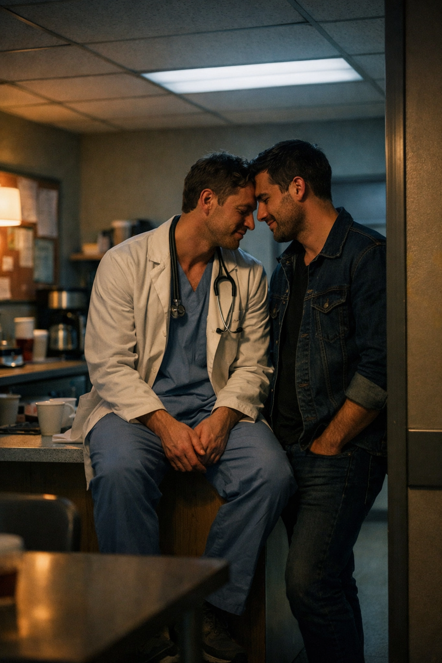 Gay couple intimate moment with doctor partner in hospital reflecting authentic relationships