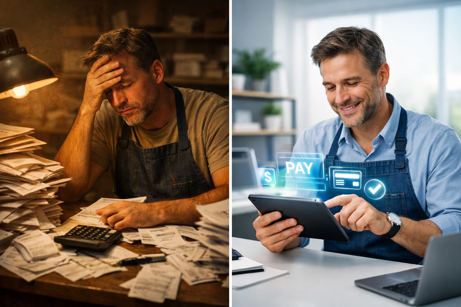 Merchant comparing traditional payment processing stress to easy crypto payment management