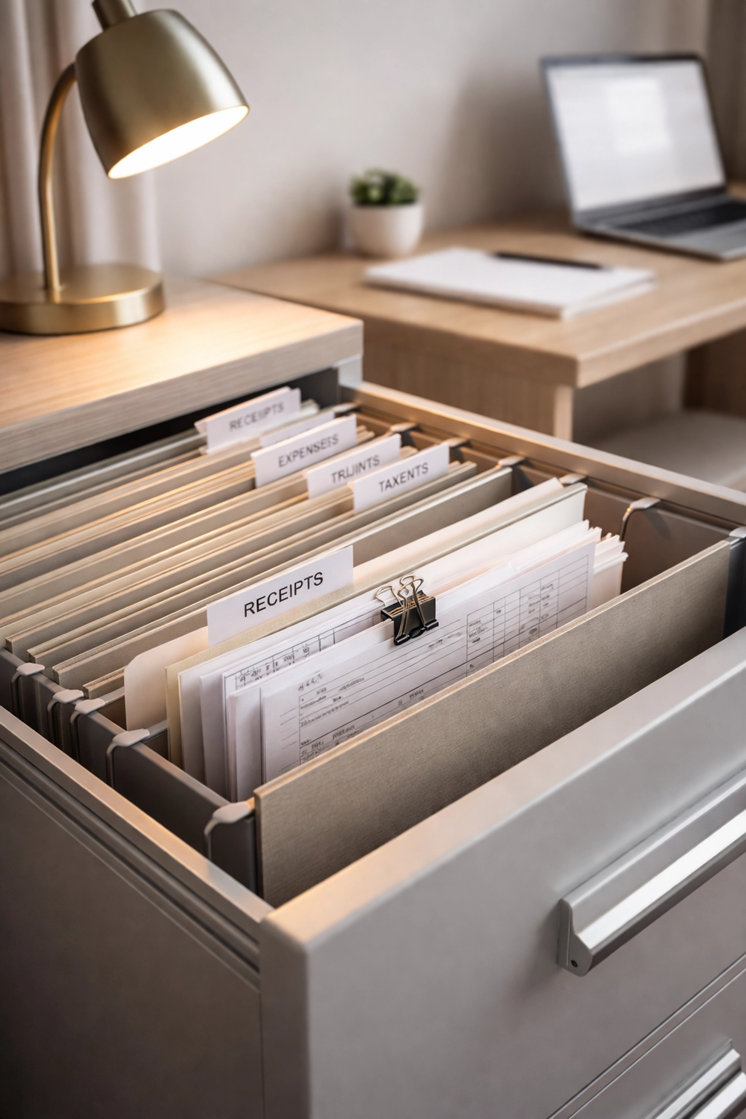 Organized home office file system with business receipts highlighting S corp tax documentation best practices