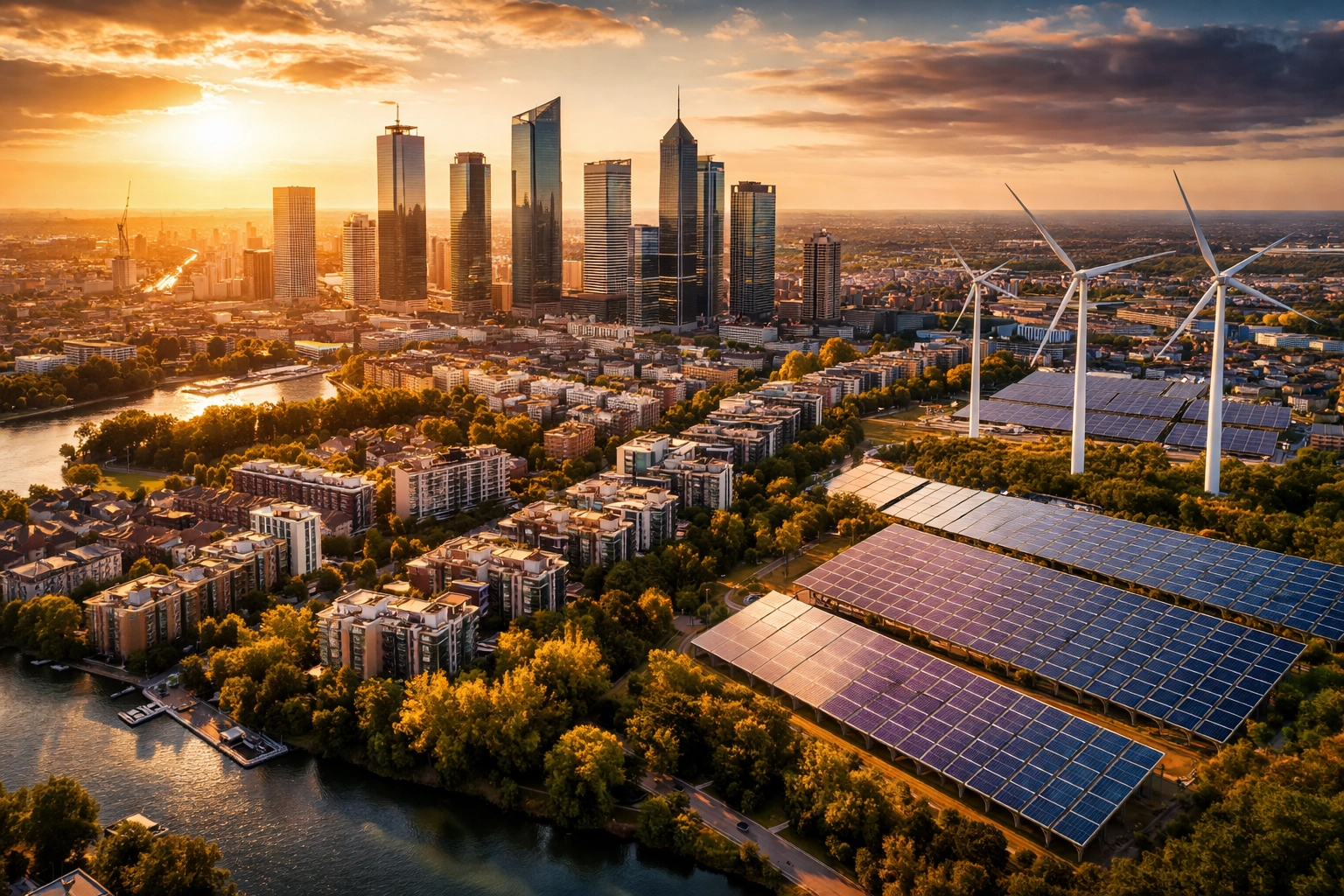 Aerial view of a thriving city skyline highlighting real estate, infrastructure, and financial growth