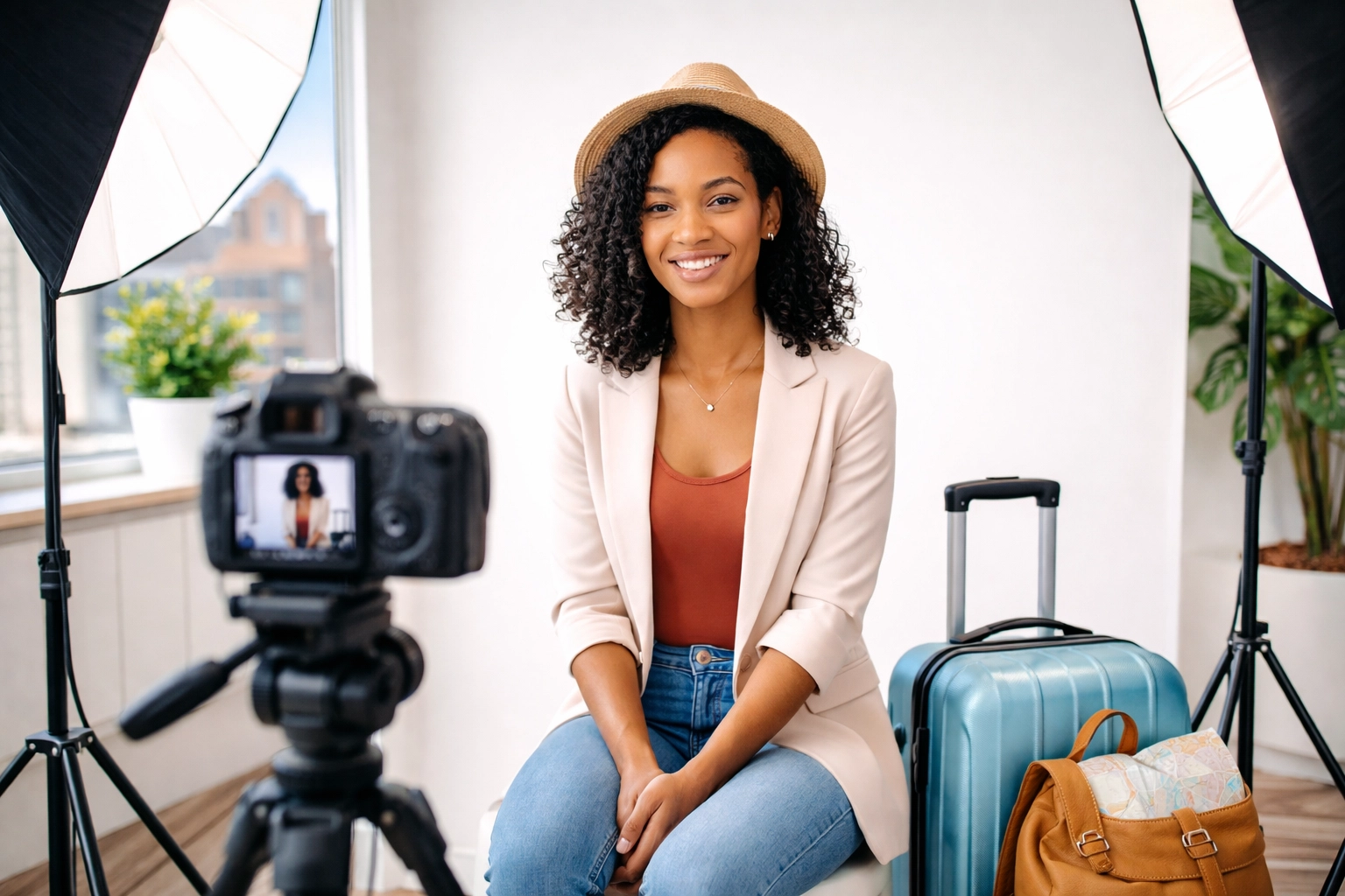 Traveler getting passport photo taken in a professional Queens studio with softbox lighting and a clean white background.