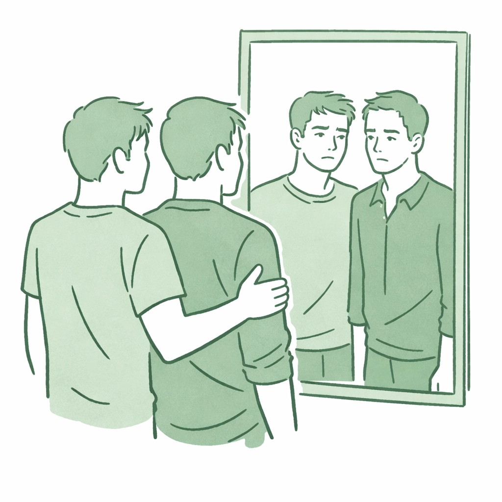 MM couple viewing their reflection representing self-confrontation and identity acceptance