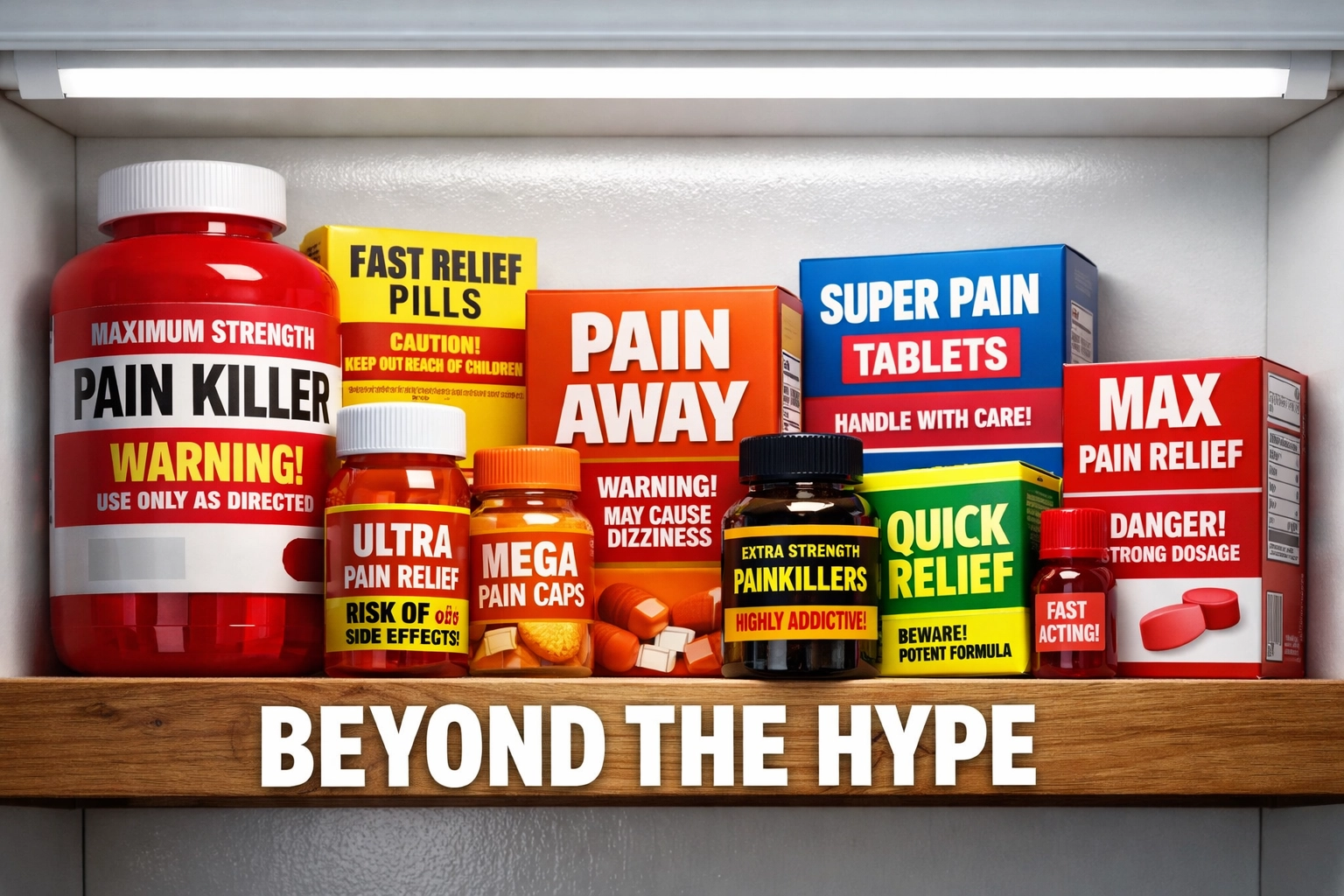 Cluttered medicine cabinet filled with synthetic pain relief products and warning labels