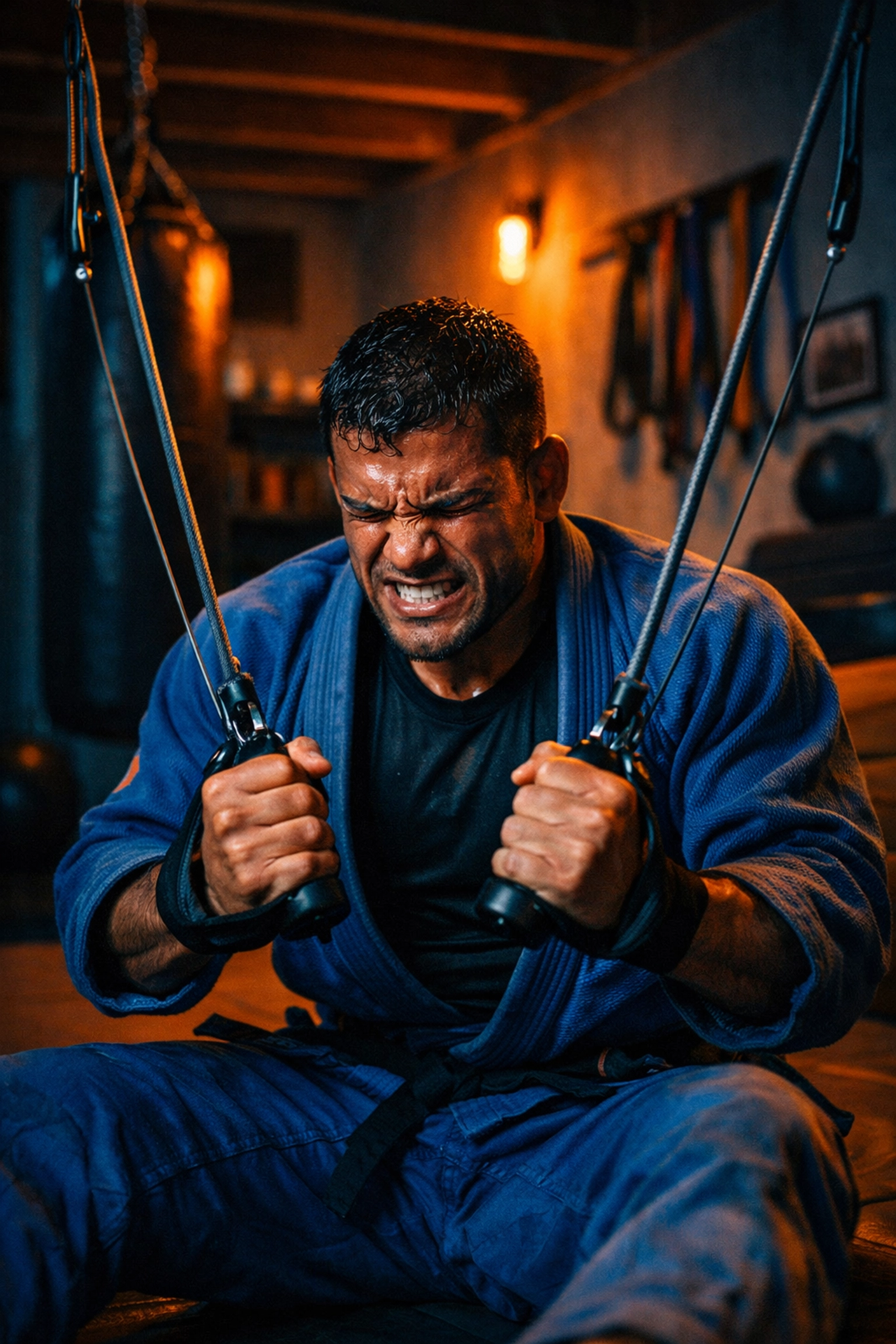 Serious athlete using a versatile home gym for heavy resistance chest press exercises.