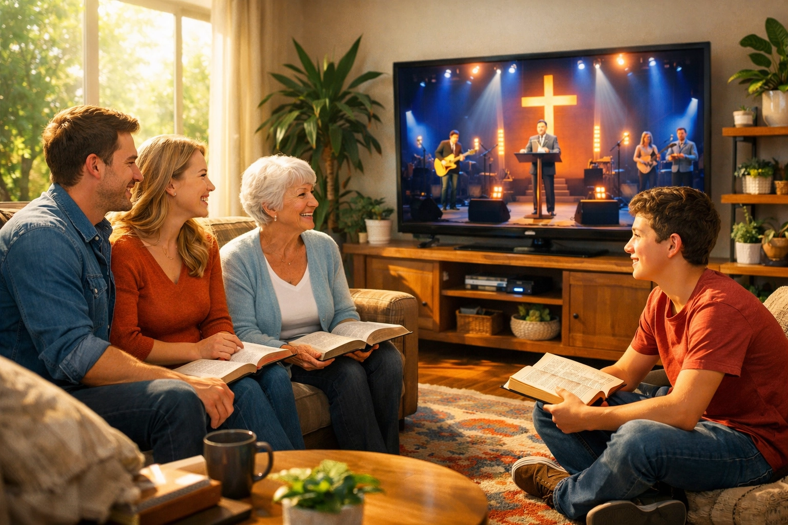 A diverse family gathering in a sunlit living room to watch an online church service with Bibles.