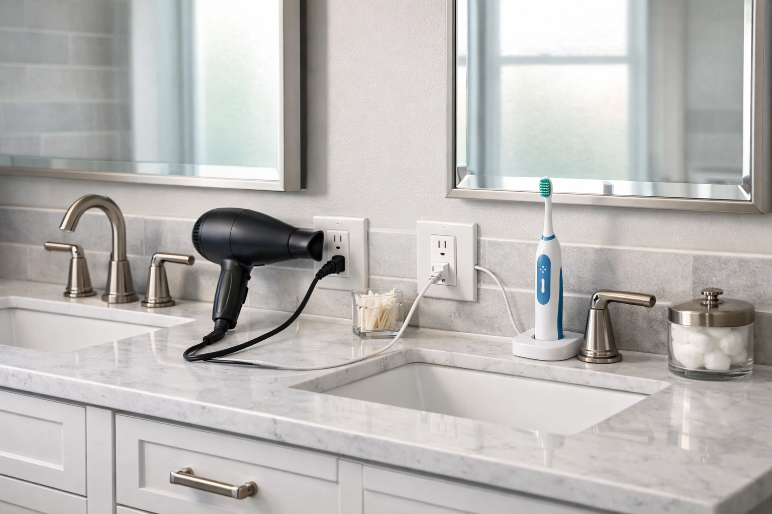 Bathroom double vanity with GFCI outlets positioned between sinks for safe appliance use