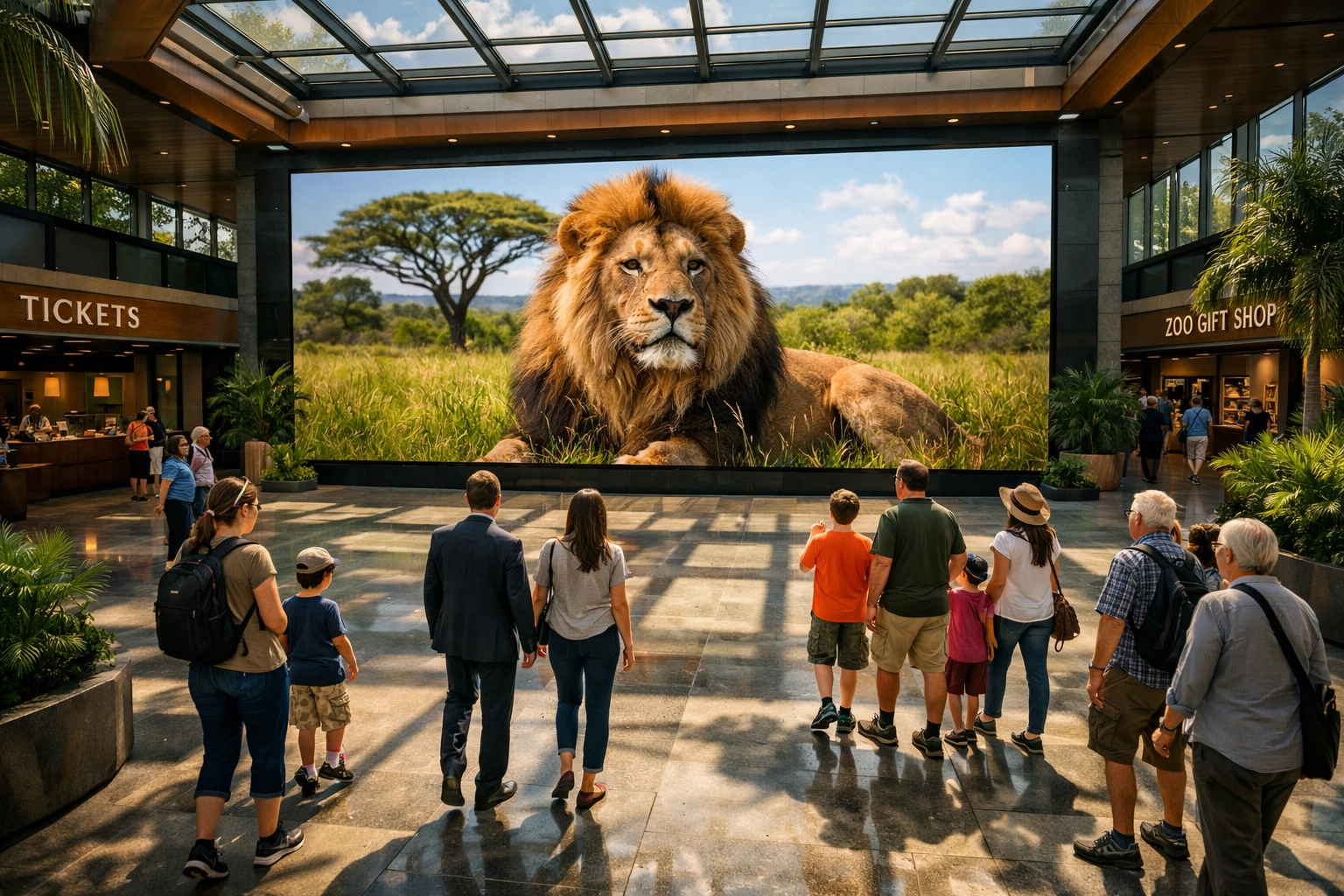 Premium digital signage placement at a zoo entrance featuring vibrant wildlife video for high-traffic advertising.