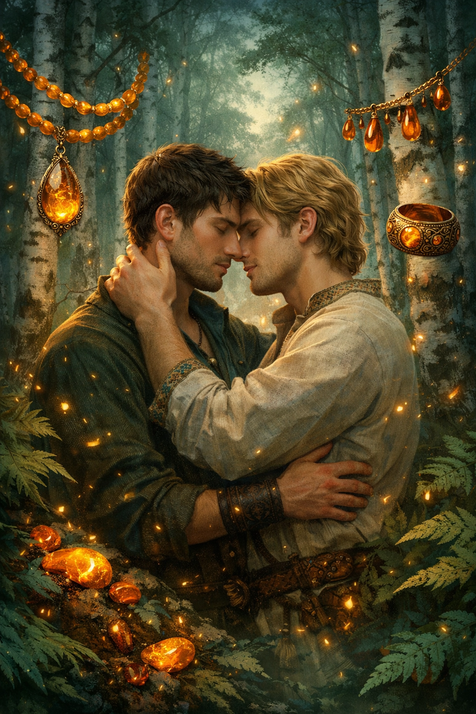 Two men embracing in a misty birch forest, inspired by Baltic folklore and MM fantasy romance book tropes.