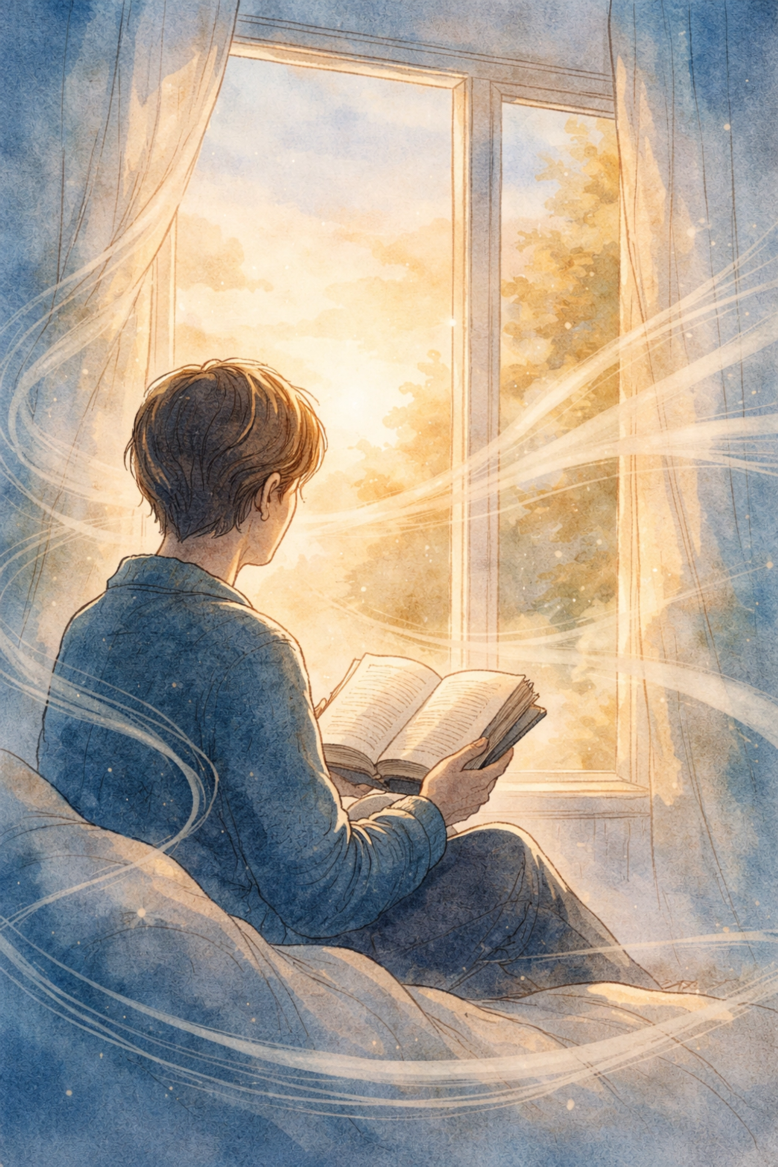 Watercolor illustration of a person meditating with an open Bible at dawn, symbolizing Christian anxiety support.