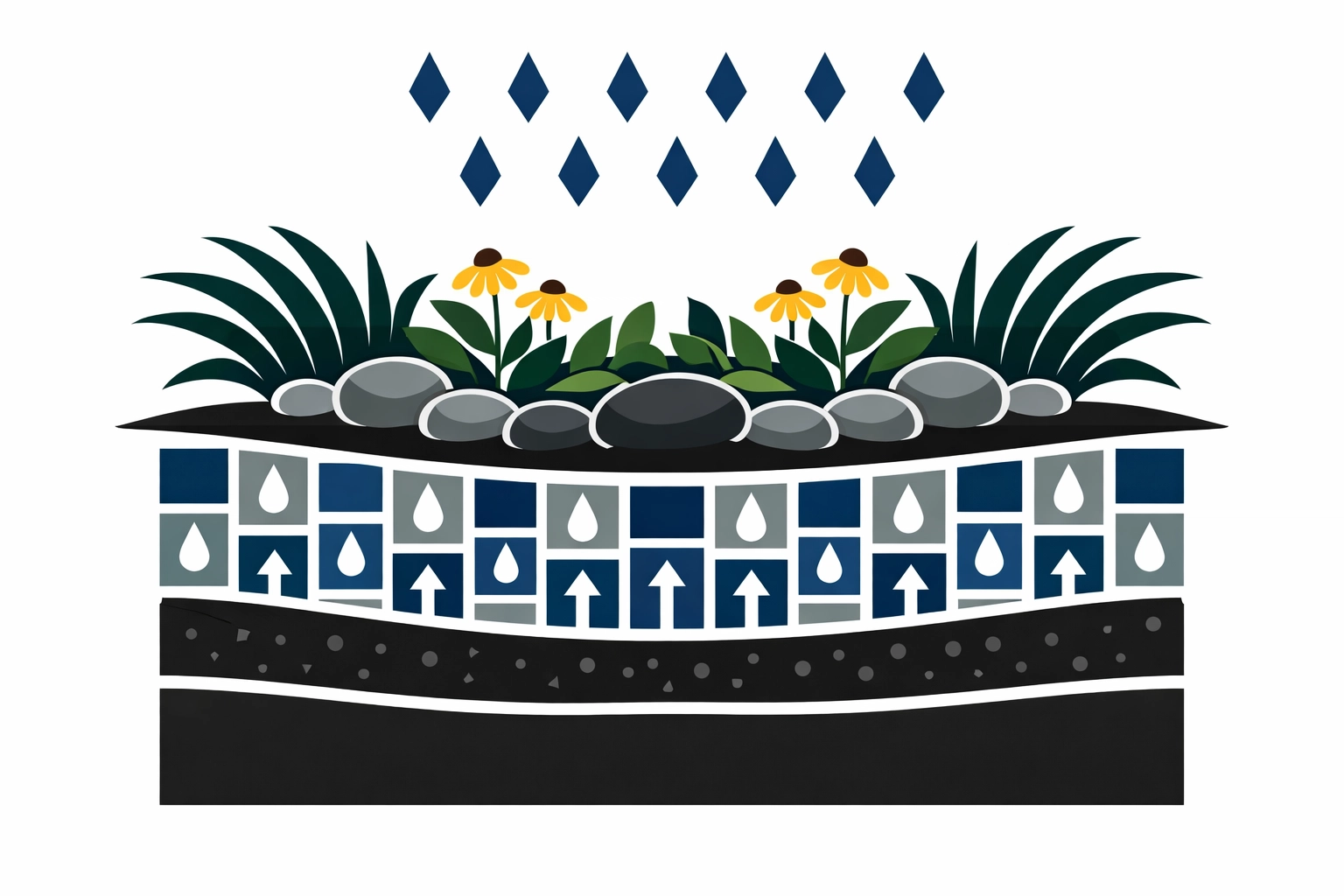 Minimalist rain garden design showing stormwater management and natural water filtration into the soil.