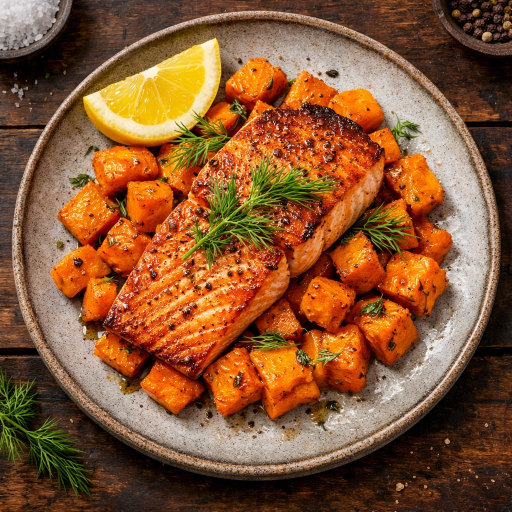 Seared salmon and roasted sweet potatoes: a meal rich in Omega-3s for postpartum mental health support.