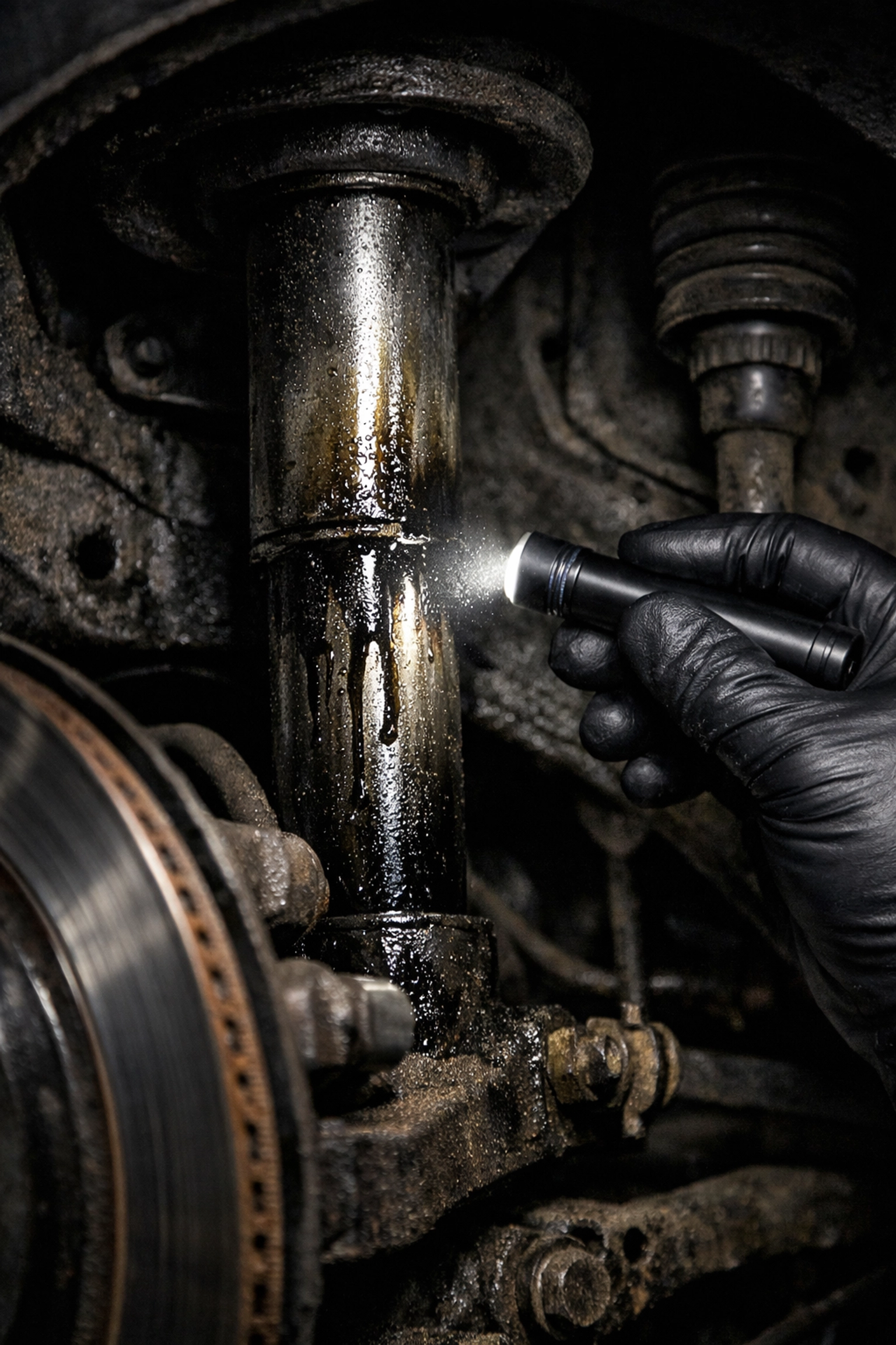 Close-up of a leaking hydraulic strut during a car suspension repair inspection in Newport News, VA.