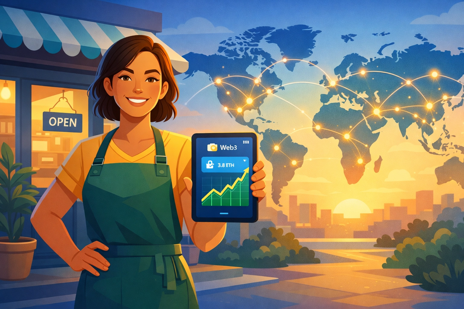 Small business owner using Web3 wallet for borderless global crypto payments with rising profits