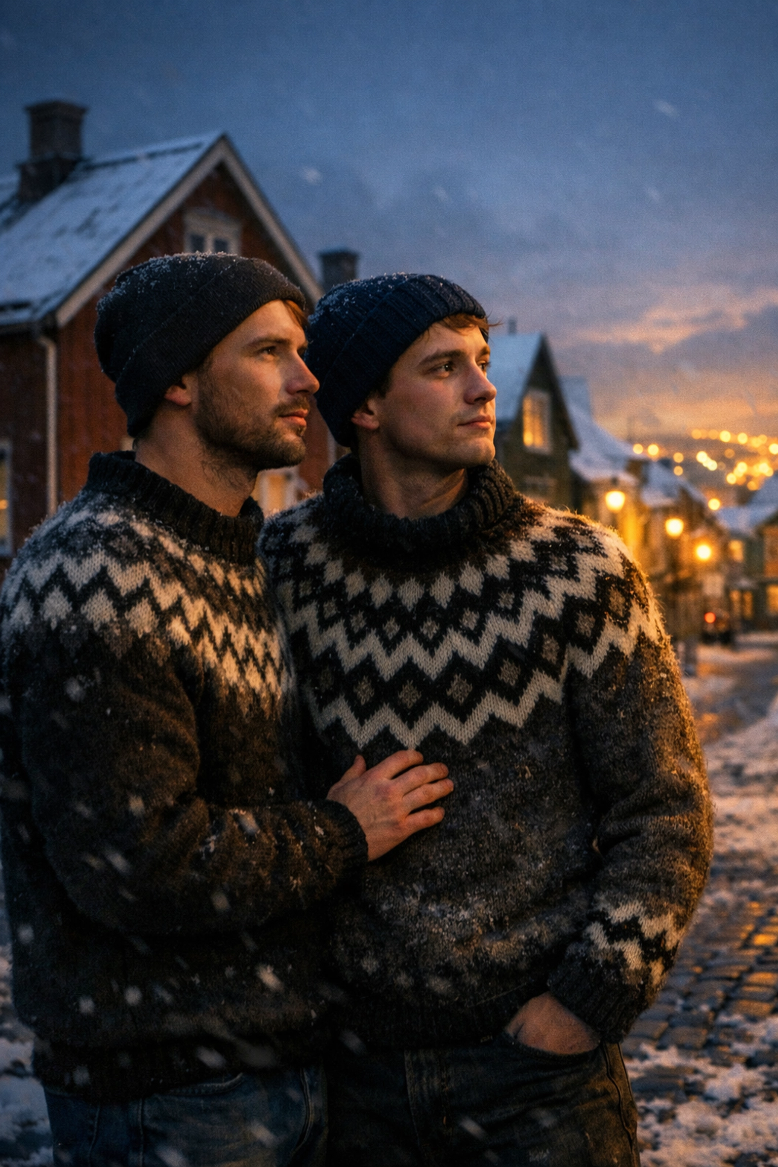 Gay men in traditional sweaters in snowy Reykjavik, reflecting the setting of an Icelandic gay historical romance novel.