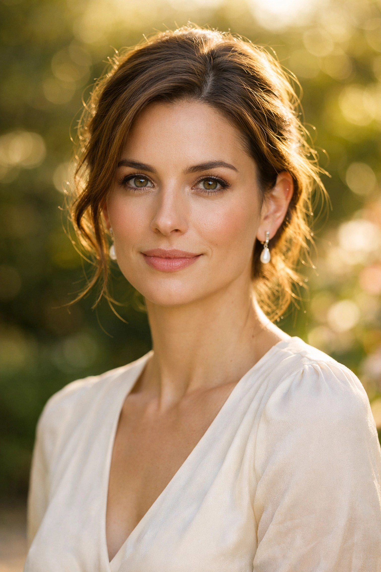 A professional portrait of a woman shot with an 85mm lens to show natural facial proportions.