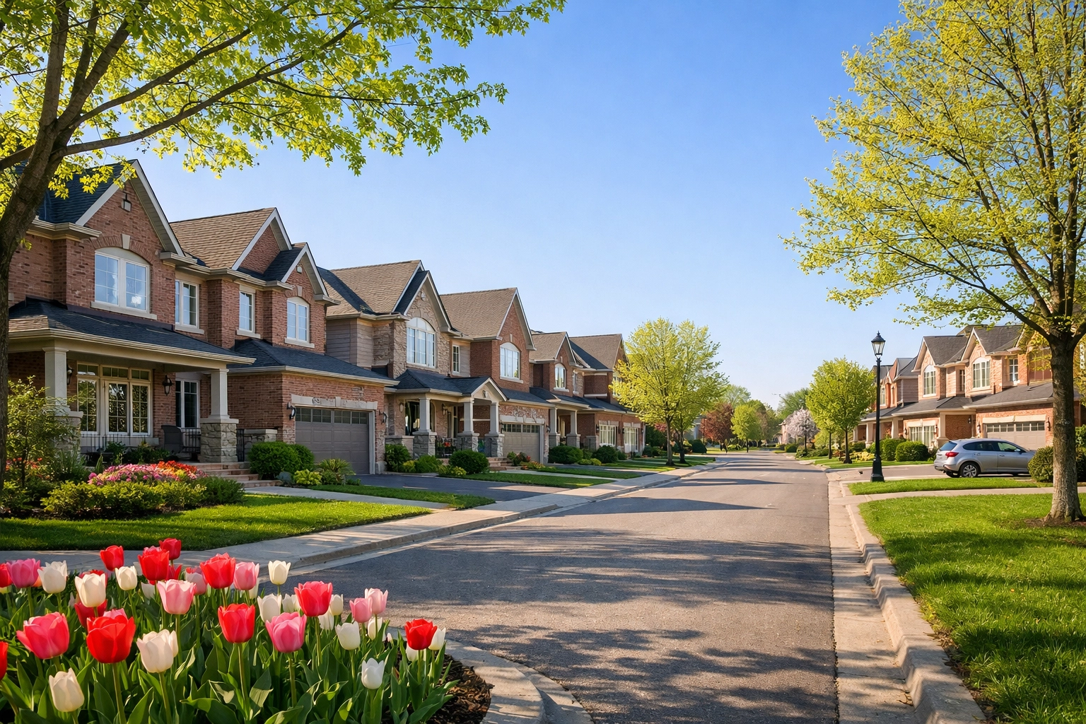 Modern brick houses for sale in a Newmarket neighbourhood, perfect for a first time home buyer in Ontario.