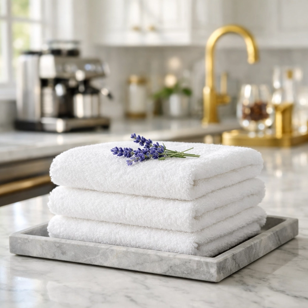 Luxury vacation rental kitchen with marble counters and fresh linens, highlighting professional cleaning services.