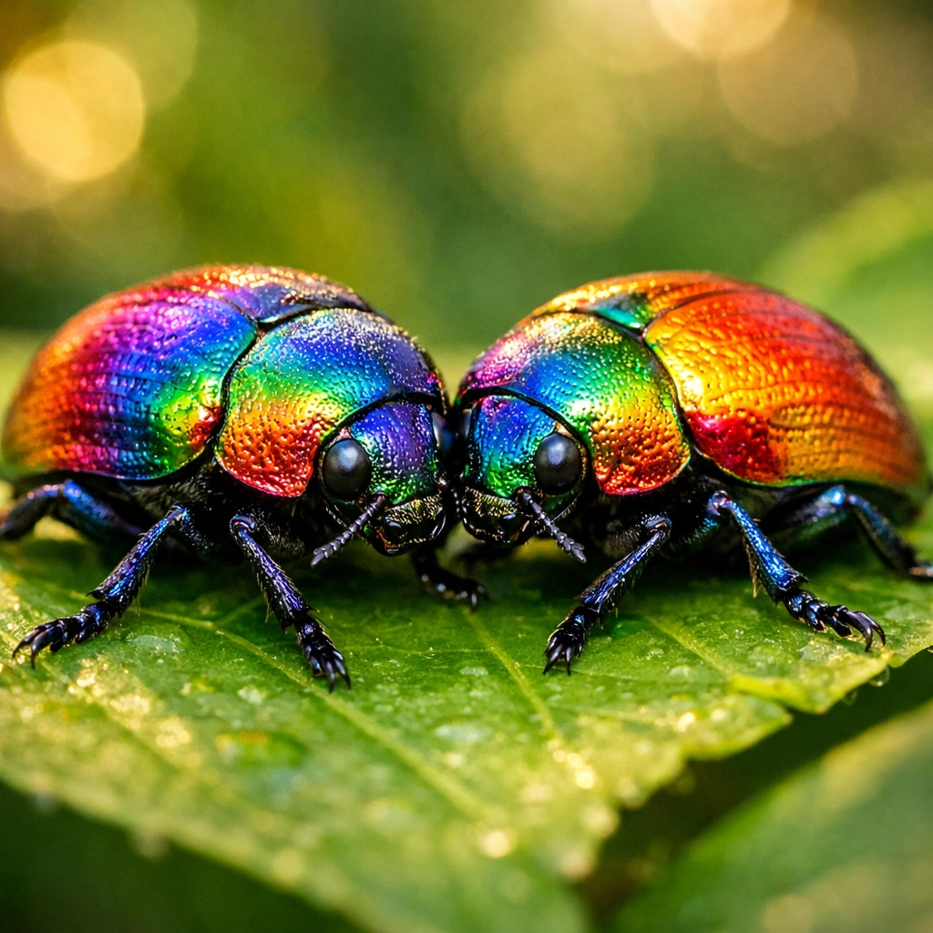 Two male jewel beetles with rainbow shells on a leaf, illustrating same-sex behavior in nature.