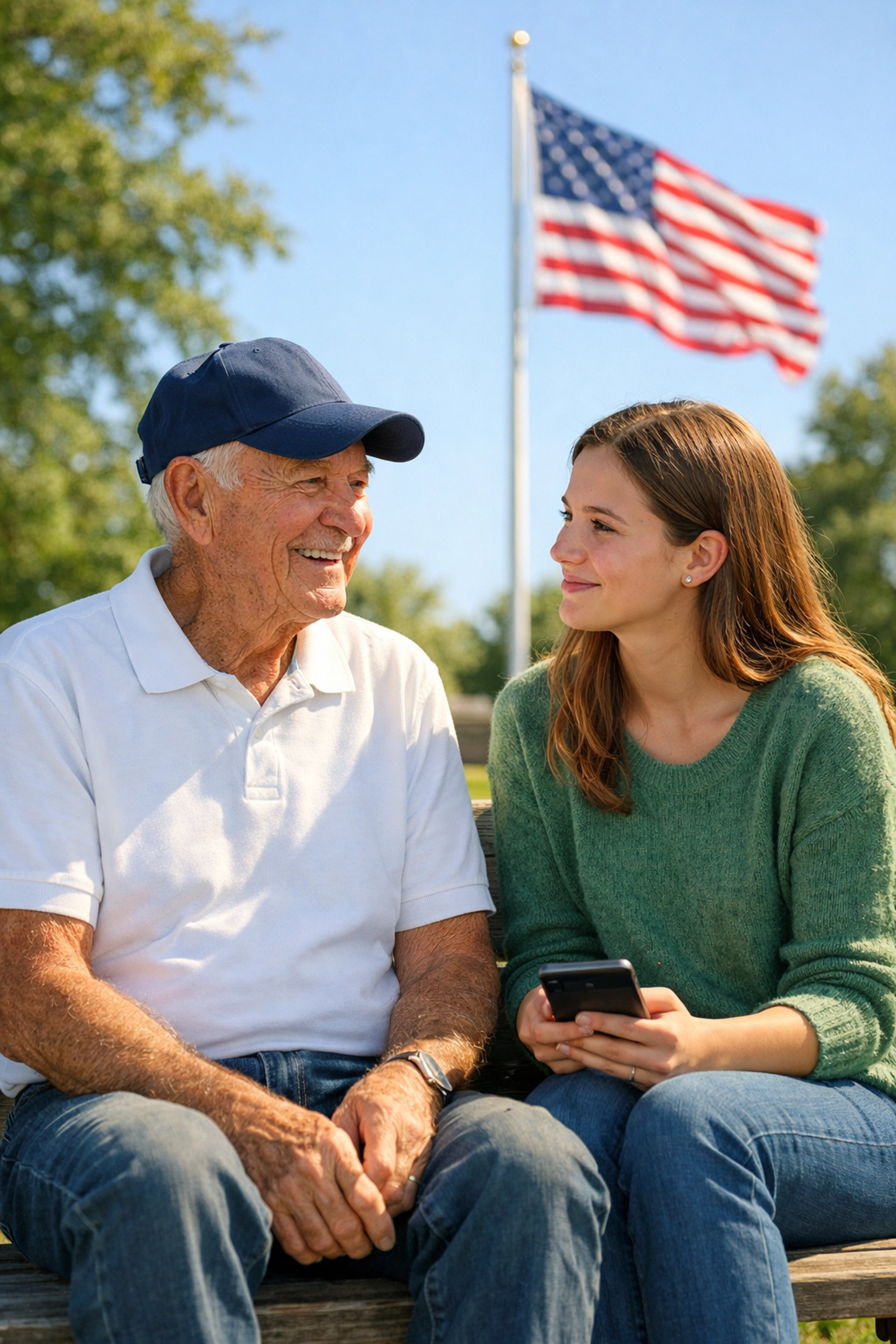 Elderly veteran and young woman sharing stories in a park, illustrating the daily spirit of the Pledge of Allegiance.