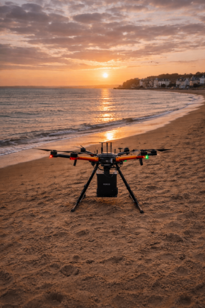 Professional Ash Scattering Drone on Beach at Sunset