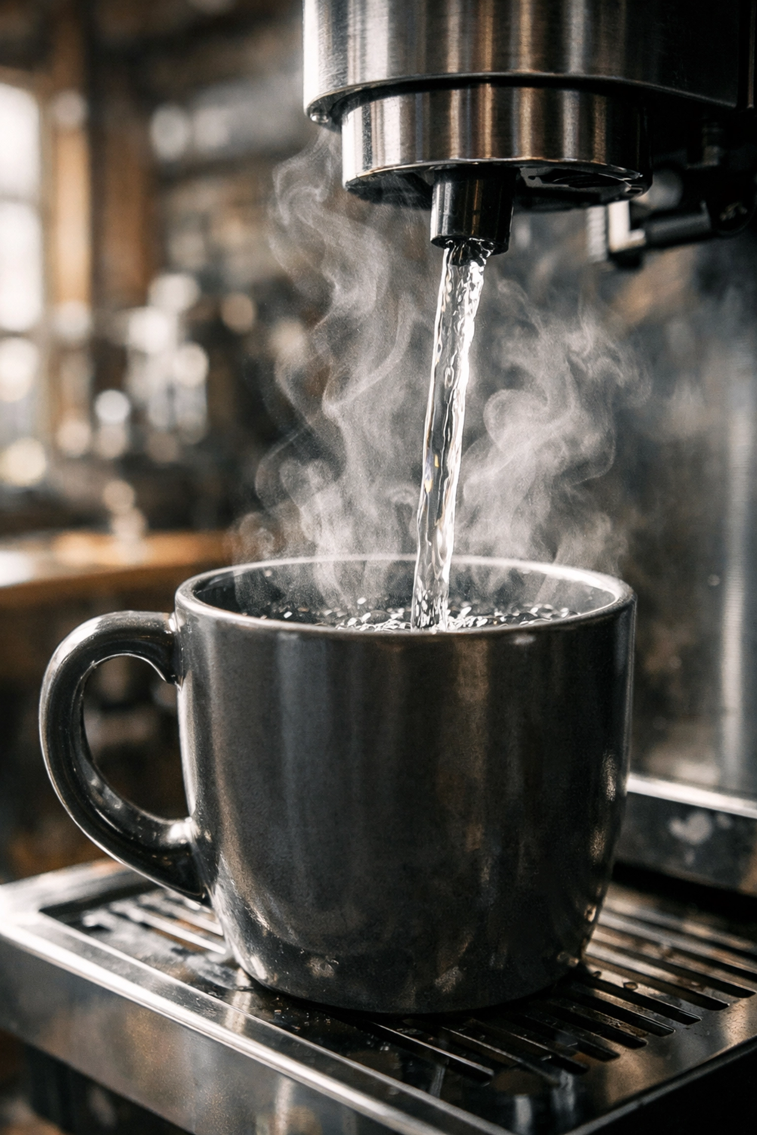 A clean, steady stream of water pouring into a mug, showing a properly functioning Keurig machine.