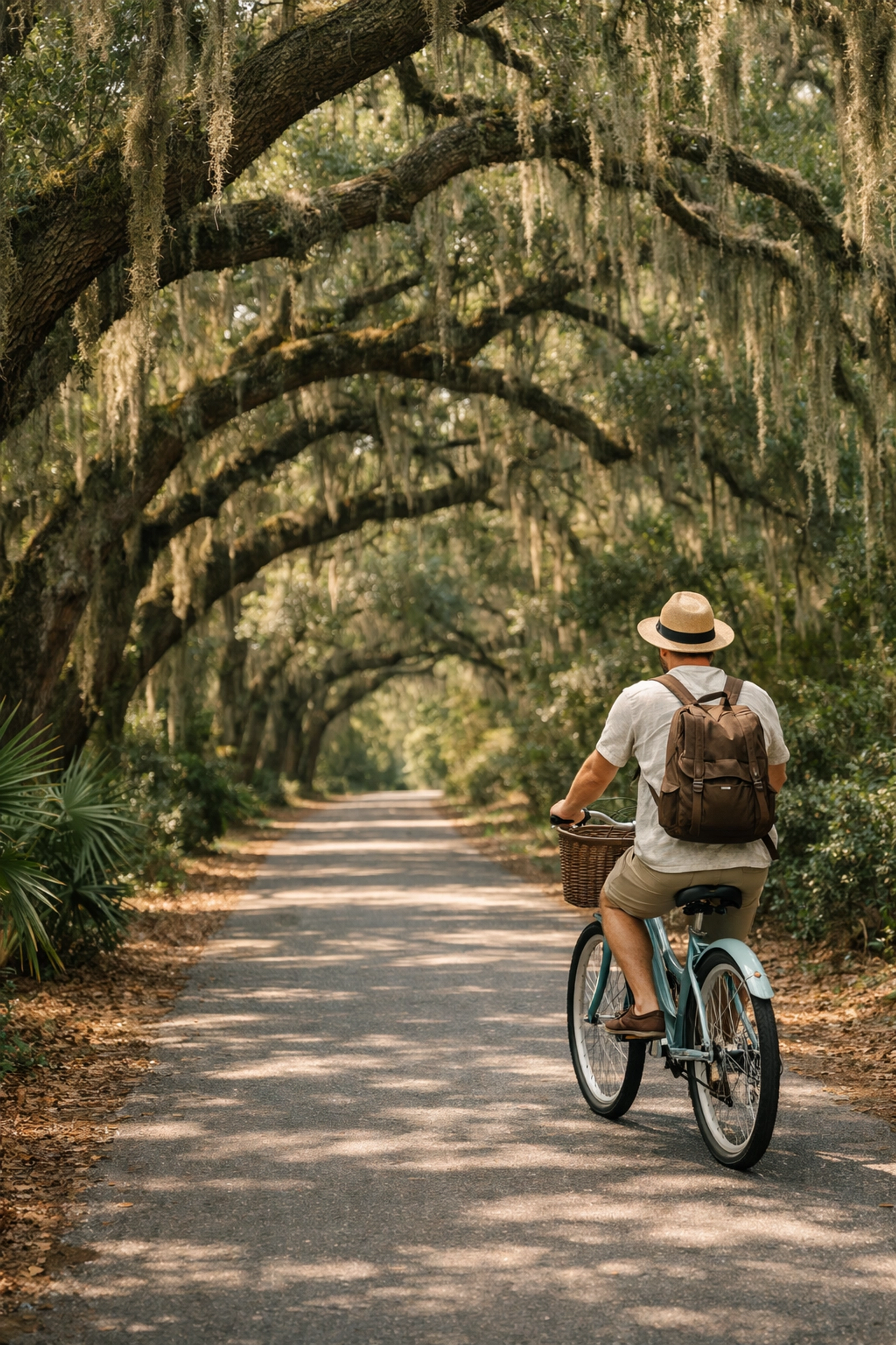 Biking through a shaded path with Spanish moss on Hilton Head Island, South Carolina.