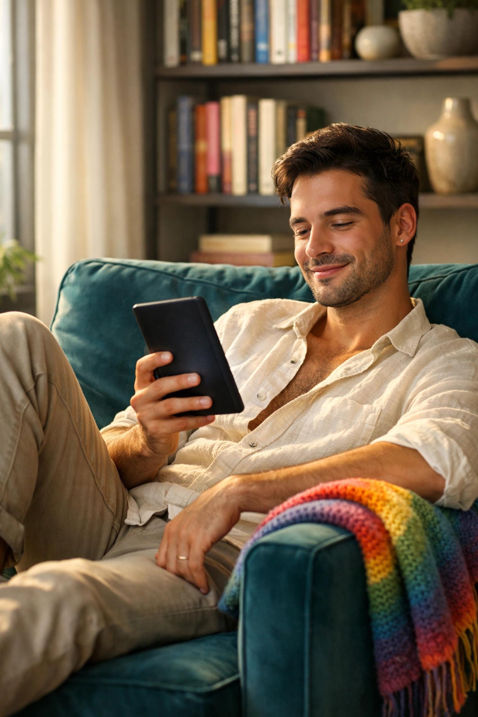 Relaxed gay man reading an LGBTQ+ ebook on a digital device in a sun-drenched sanctuary.