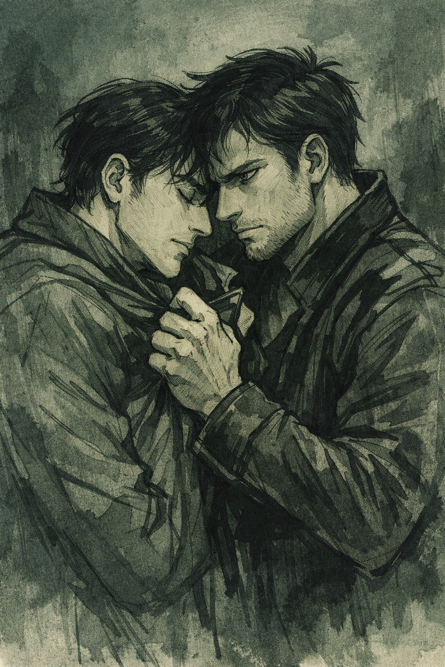 Two men in intense possessive embrace showing emotional complexity in MM romance