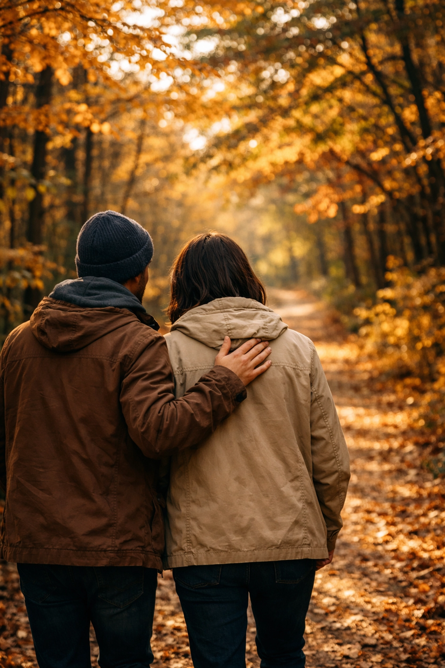 Two people walking together on a forest path symbolizing support through the anxiety healing journey