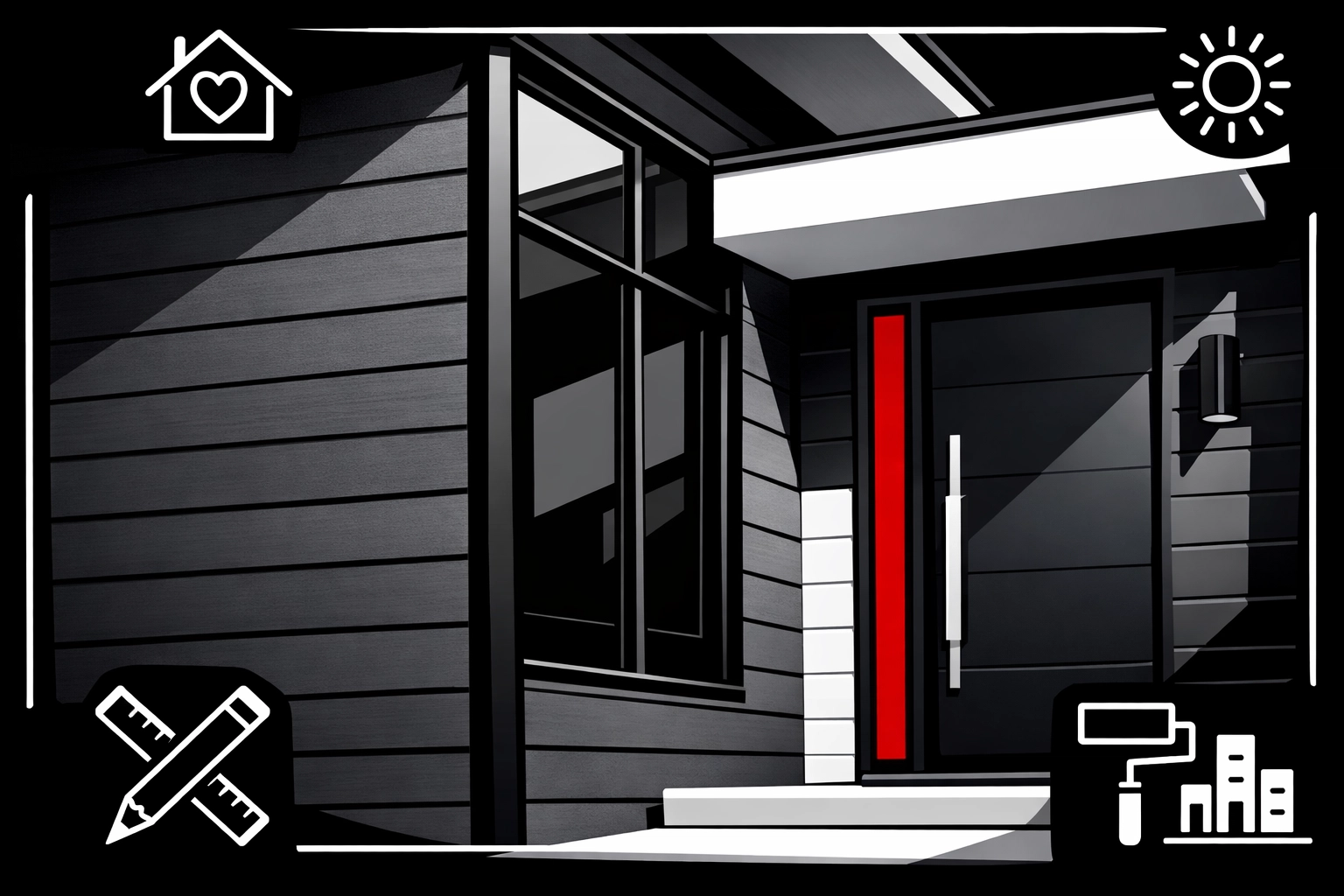 Coordinated charcoal fiber cement siding with black windows on modern home