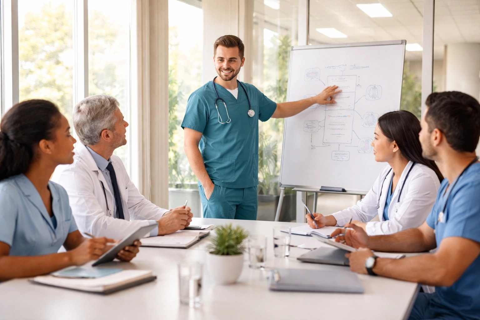 Diverse healthcare team collaborating in a modern conference room to strengthen Medicaid compliance and audit response protocols.