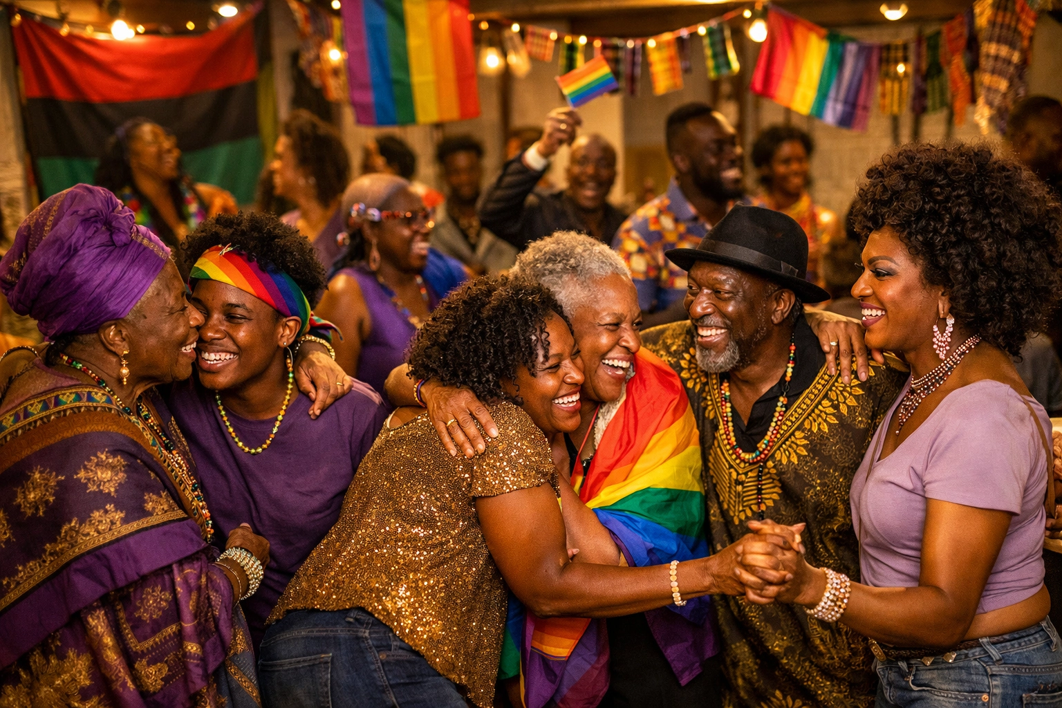 Intergenerational Black LGBTQ+ community celebrating together with joy and pride