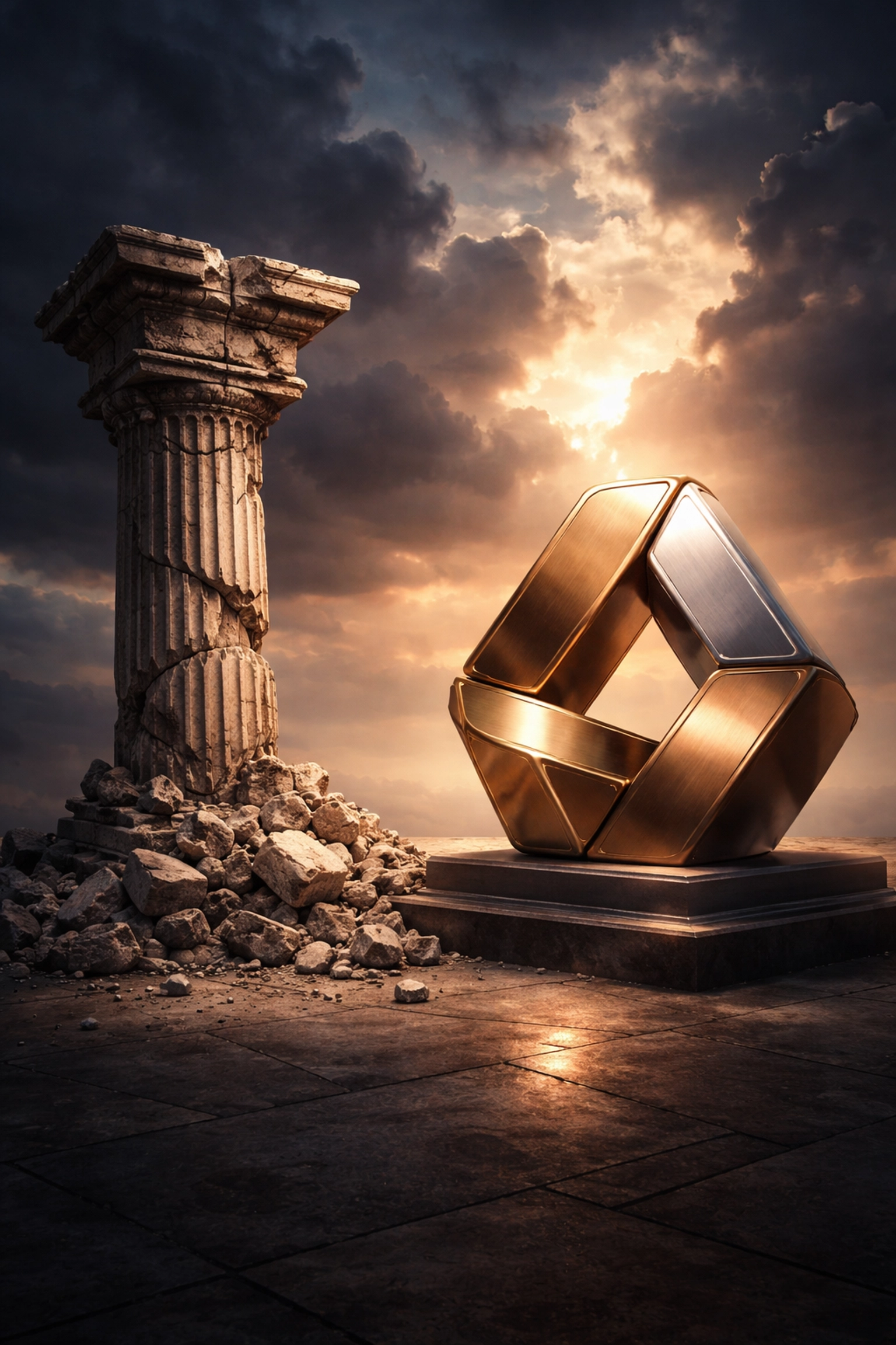 A crumbling stone column symbolizes the outdated 60/40 investment model next to a strong, modern 40/30/30 structure, illustrating portfolio evolution.