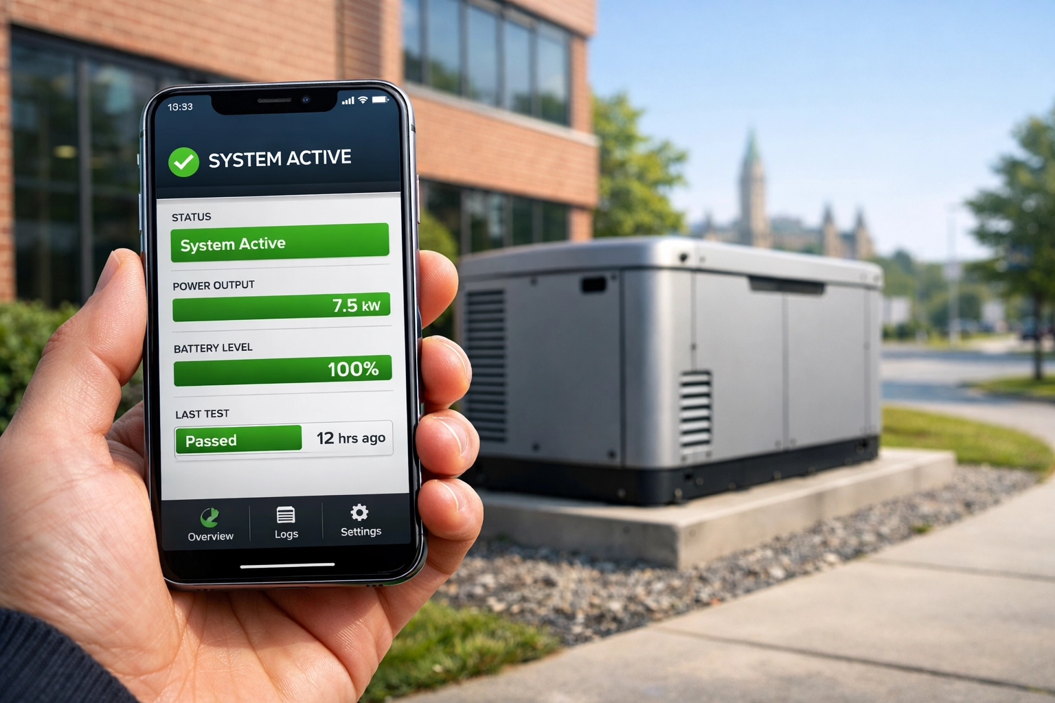 Remote generator monitoring app tracking the status of a commercial standby generator in Ottawa.