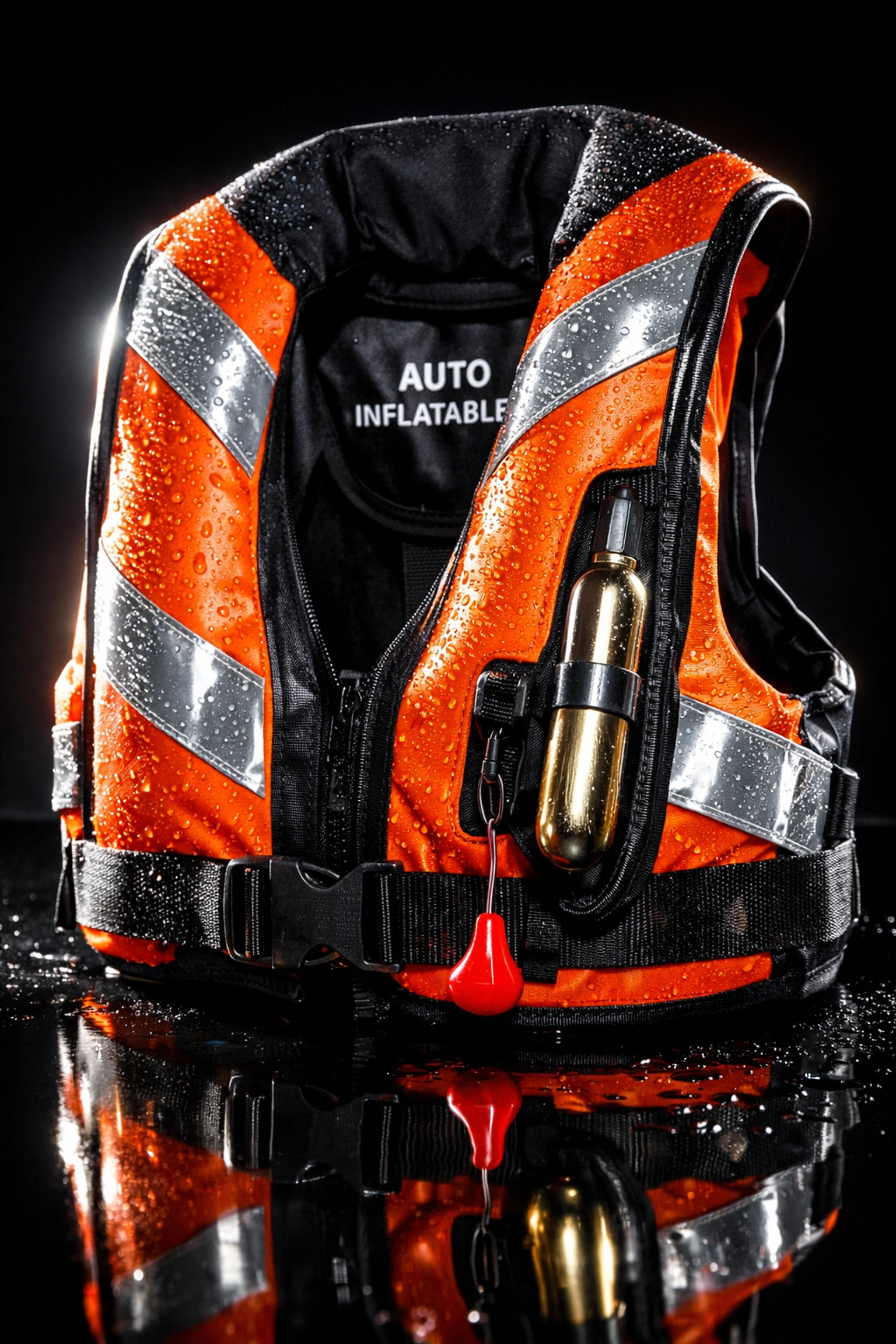 Automatic inflatable life vest with CO2 cartridge and reflective materials