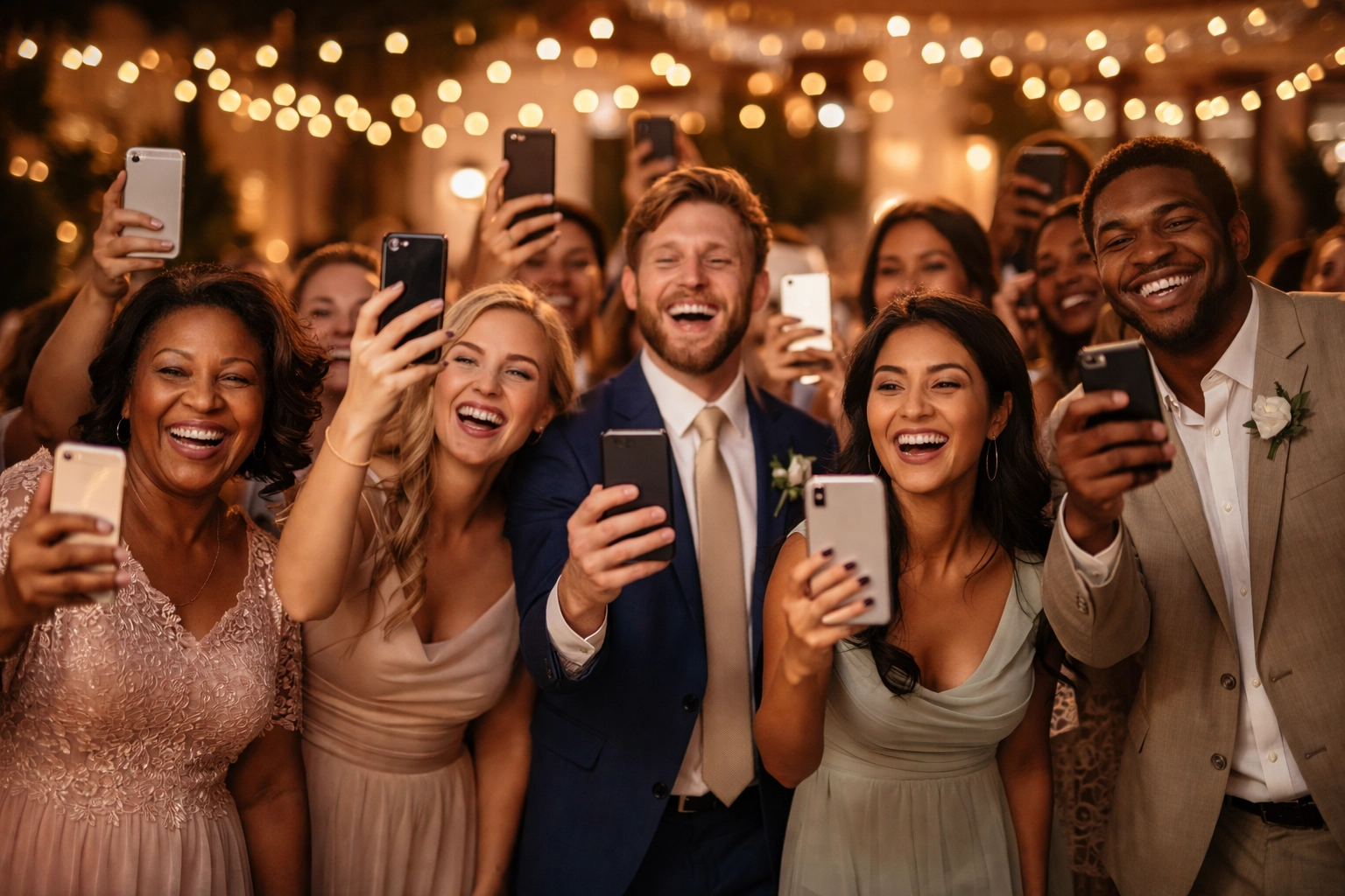 Happy wedding guests at a reception using smartphones near the dance floor, showing community support for a debt-free wedding celebration.