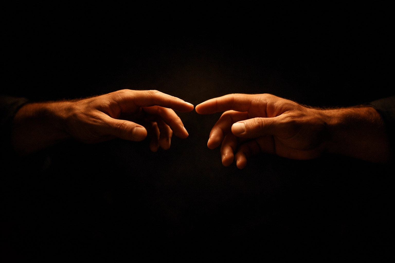Two men's hands reaching toward each other in darkness during blindfold social event