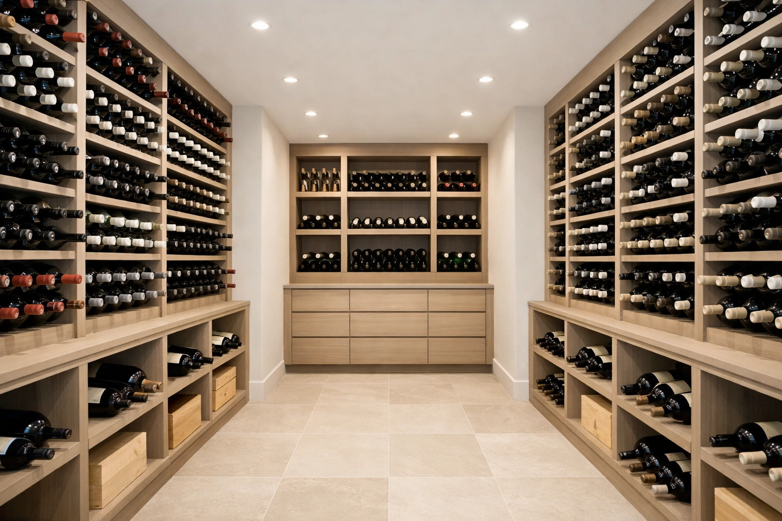 Climate-controlled wine storage with racked bottles for secure long-term cellaring