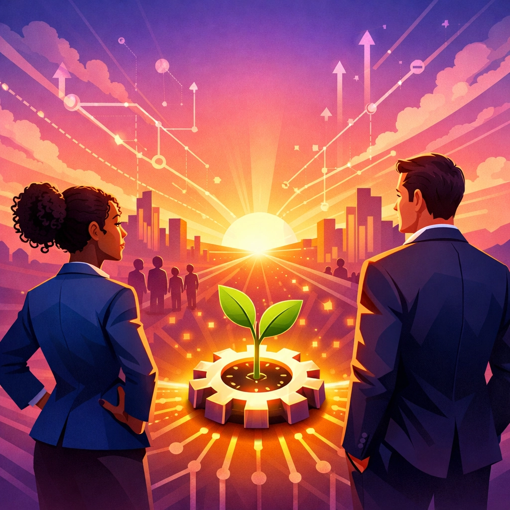 Diverse business partners collaborating on a tech-driven future for sustainable business growth.