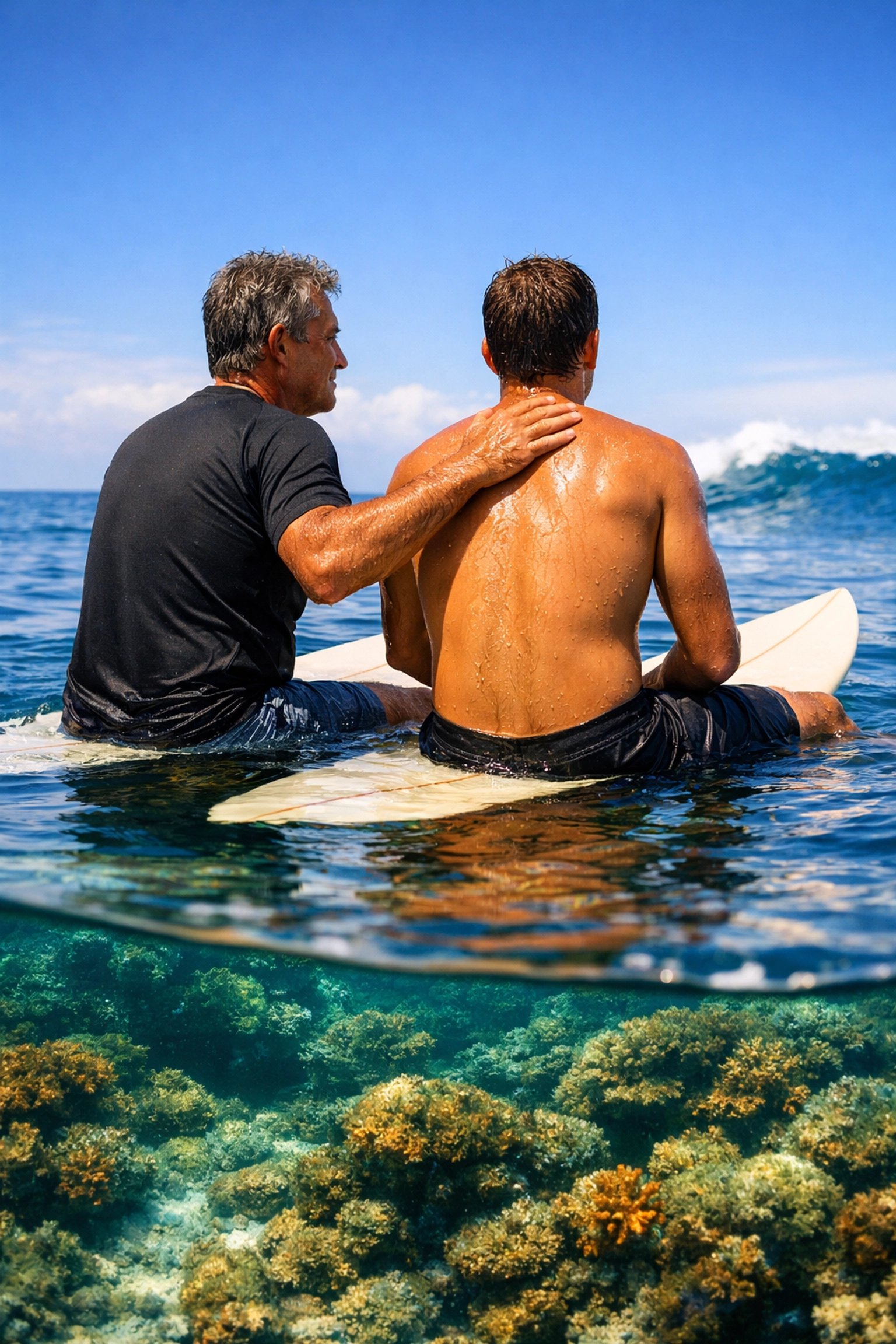Gay men sharing a supportive moment on surfboards, depicting the quiet intimacy found in MM sports romance books.