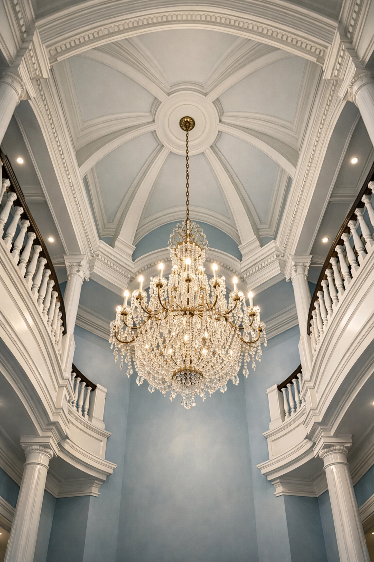 Dust-free luxury ceiling and chandelier highlighting detailed residential cleaning results.