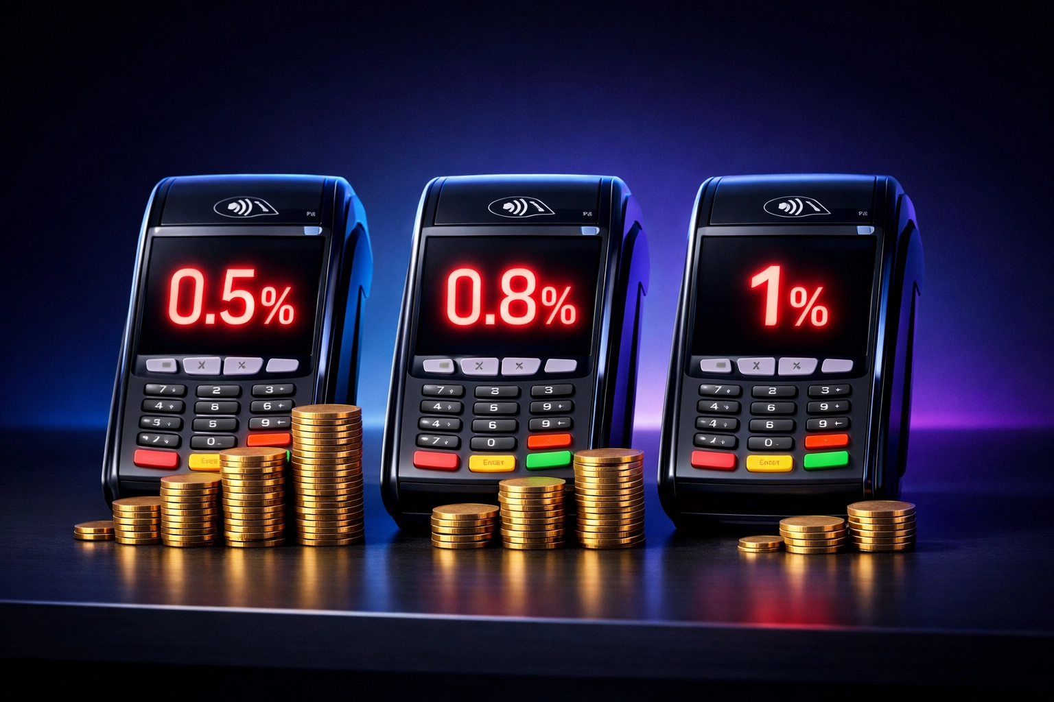 Three crypto payment terminals displaying different transaction fee percentages for merchant comparison