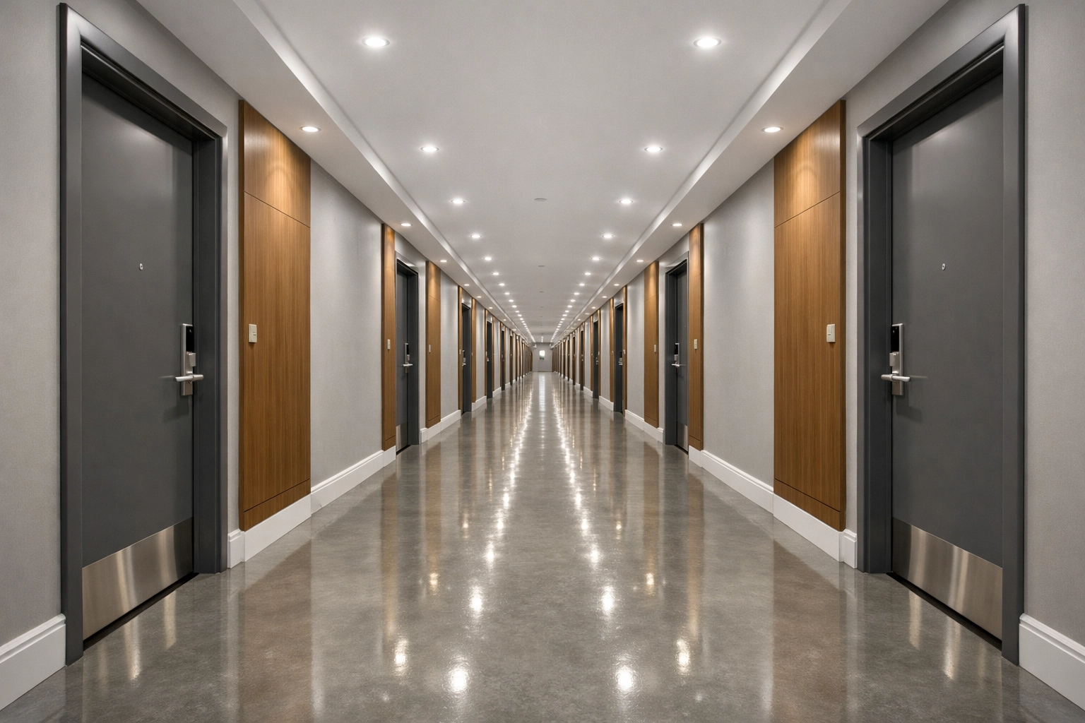 Modern apartment corridor featuring compliant fire door installations for improved fire compliance.