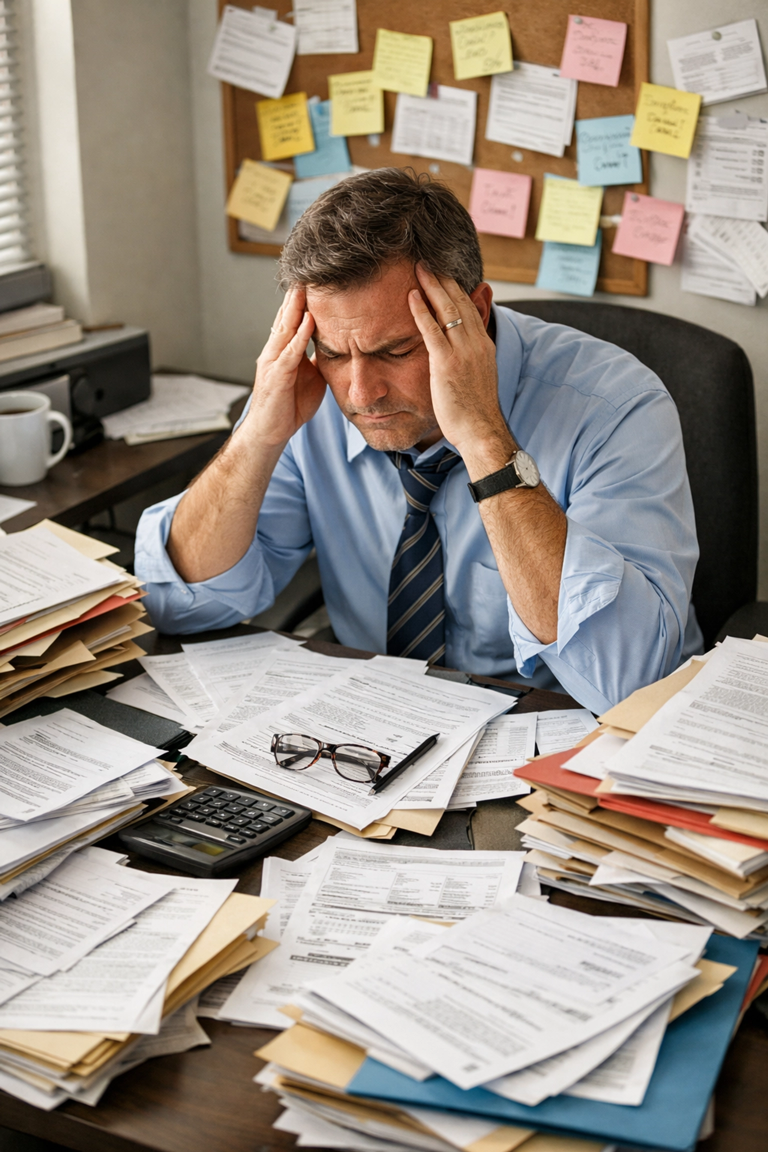 Cluttered tax office desk with scattered documents showing inefficient workflow management
