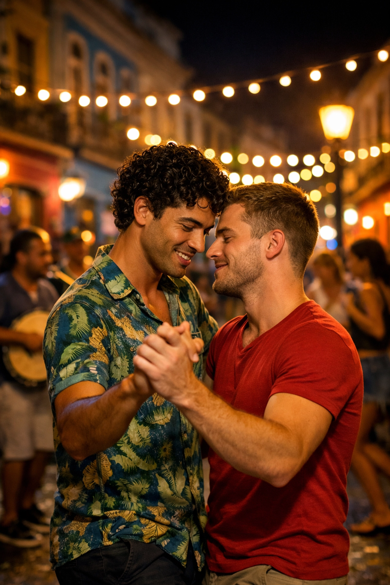 Two men dancing samba together on Lapa street in Rio - MM romance scene
