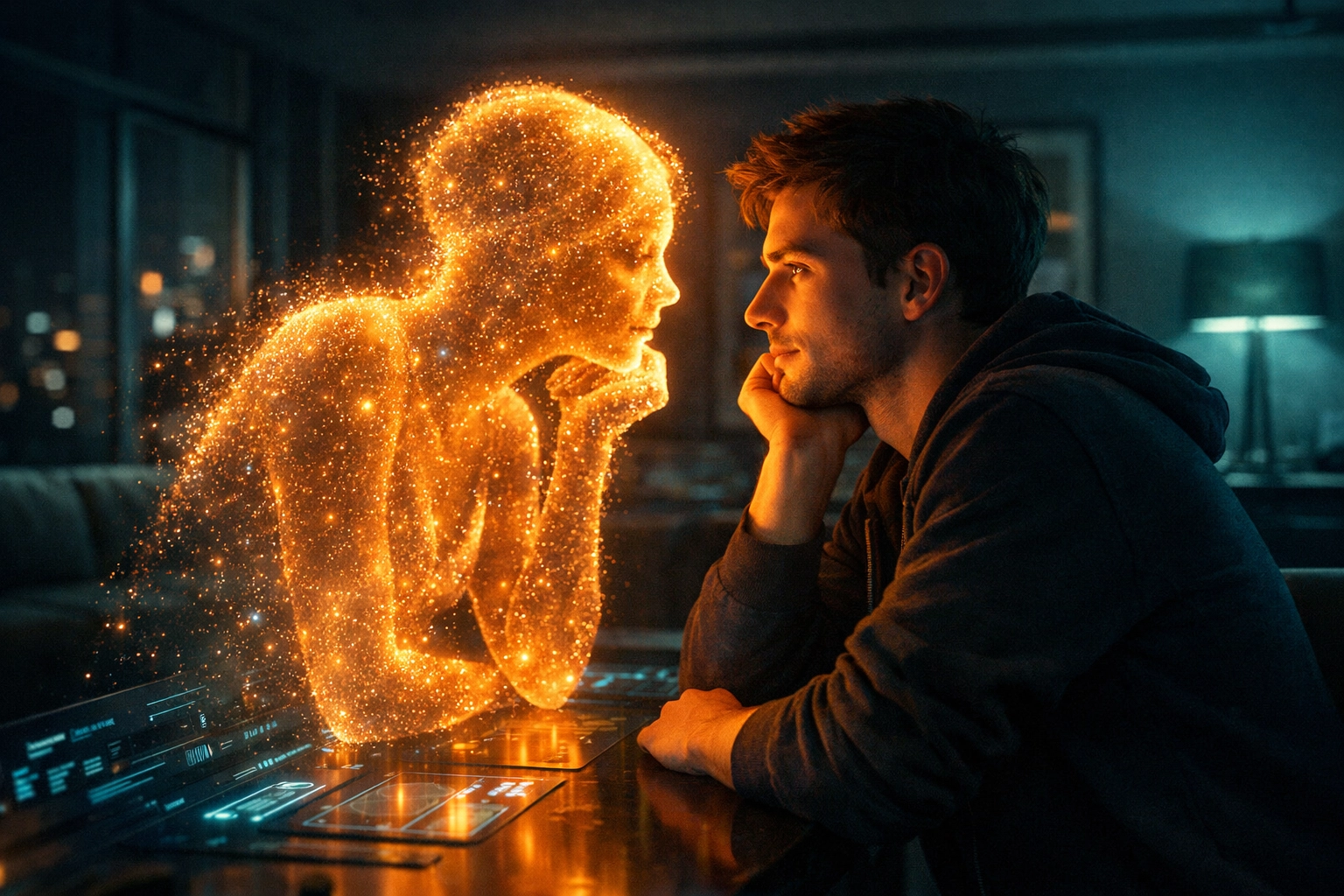A person interacting with a glowing humanoid AI companion, illustrating the seductive nature of digital validation.