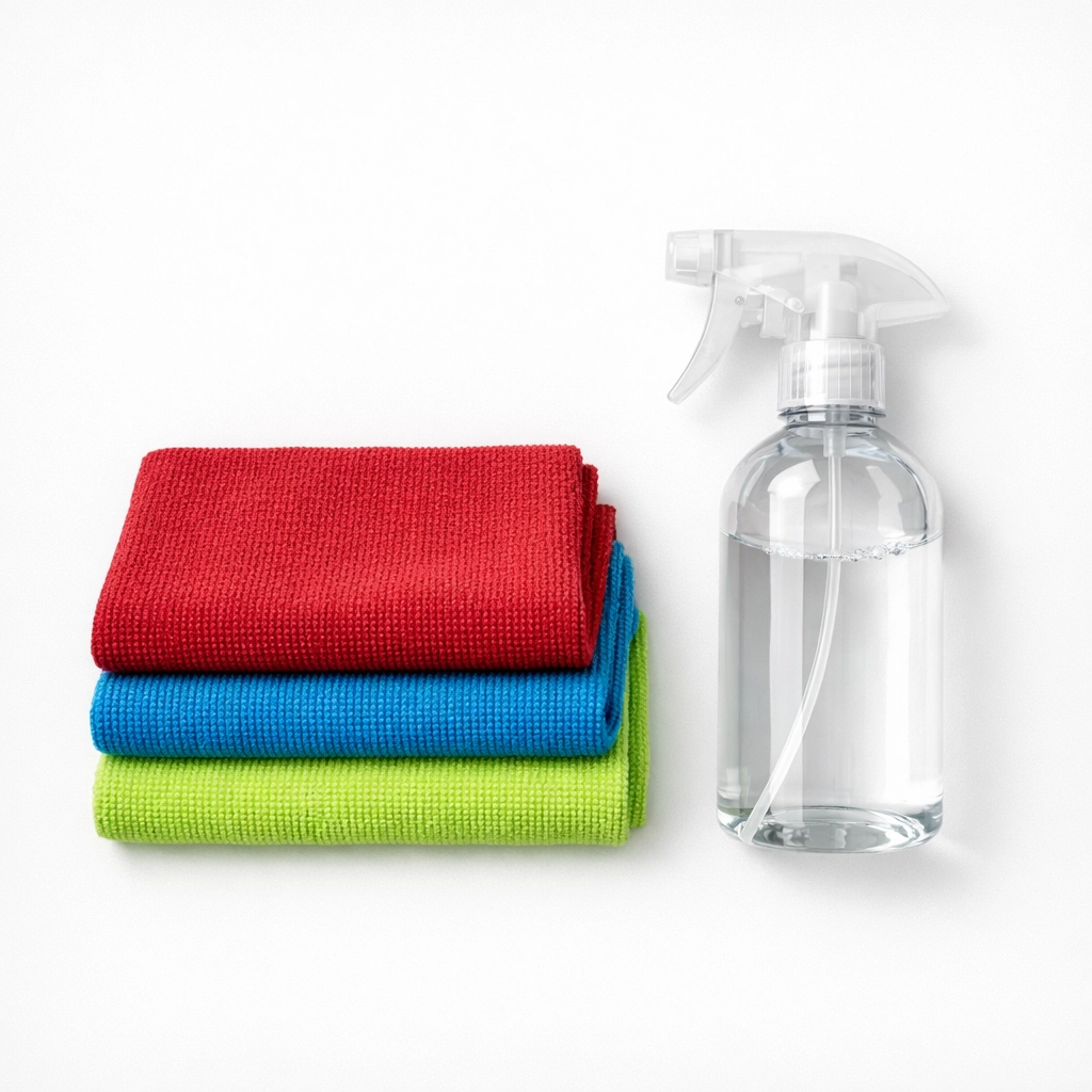 Color-coded microfiber cloths used for professional office cleaning to prevent cross-contamination.