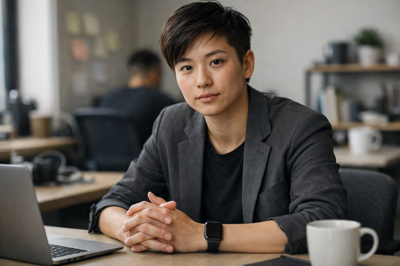 Jordan Lee in an unposed leadership moment at a desk—cinematic natural lighting, shallow depth of field, and a real collaborative mess (post-its, cables, mugs).