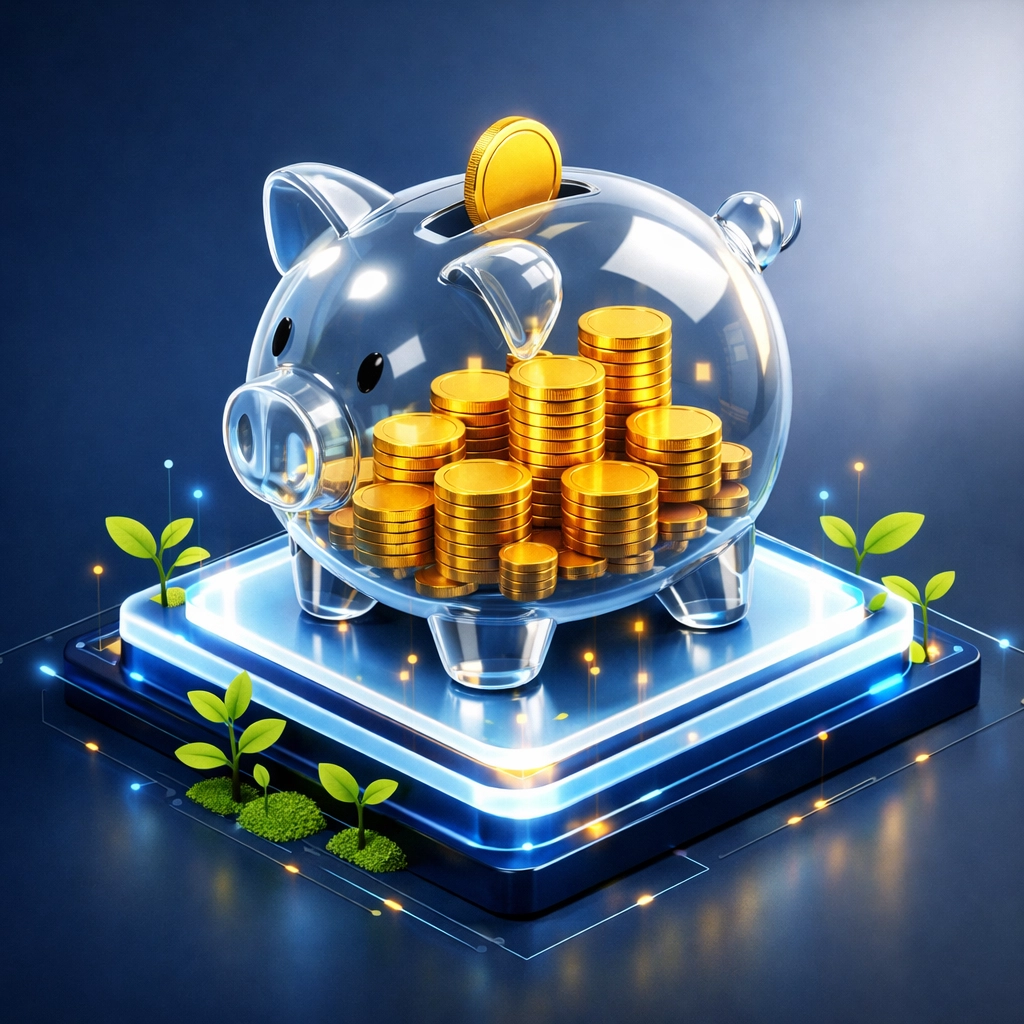 A transparent piggy bank with growing coins, symbolizing high-yield savings and effortless financial growth.
